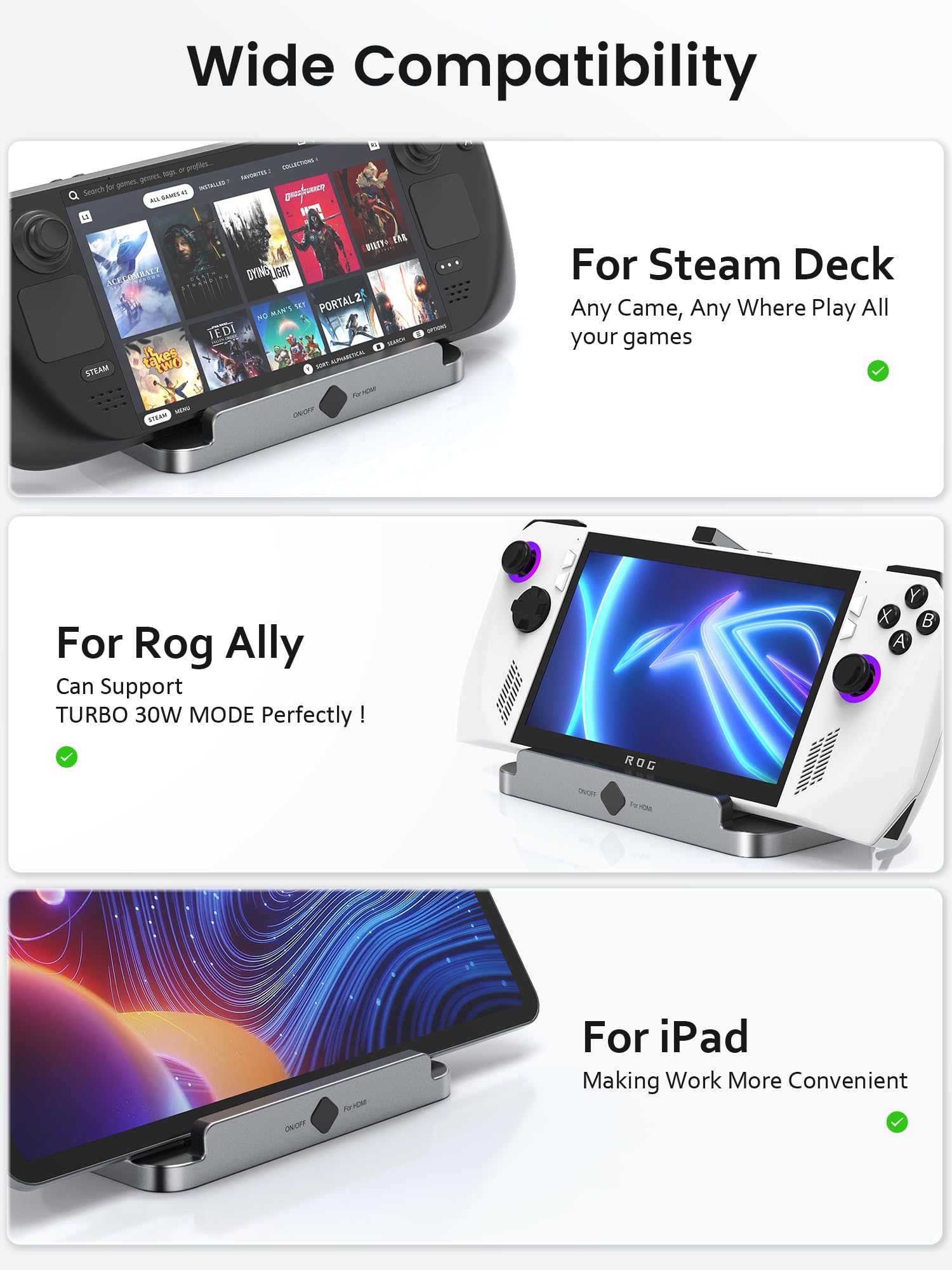 Aceele Steam Deck Dock, stacja dokująca 6 w 1 USB C z HDMI 4K@60Hz, USB 3.0, portem ładowania PD 100W, RJ45 Gigabit Ethernet, do Steam Deck, Switch, Valve, laptopów i innych urządzeń