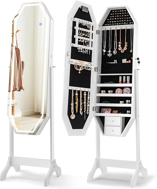 COSTWAY Touchscreen LED Lights Jewelry Cabinet with Full Length Mirror, 2-in-1 Floor Standing Lockable Jewelry Armoire, Adjustable Makeup Storage Organiser Unit for Bedroom Dressing Room (White)