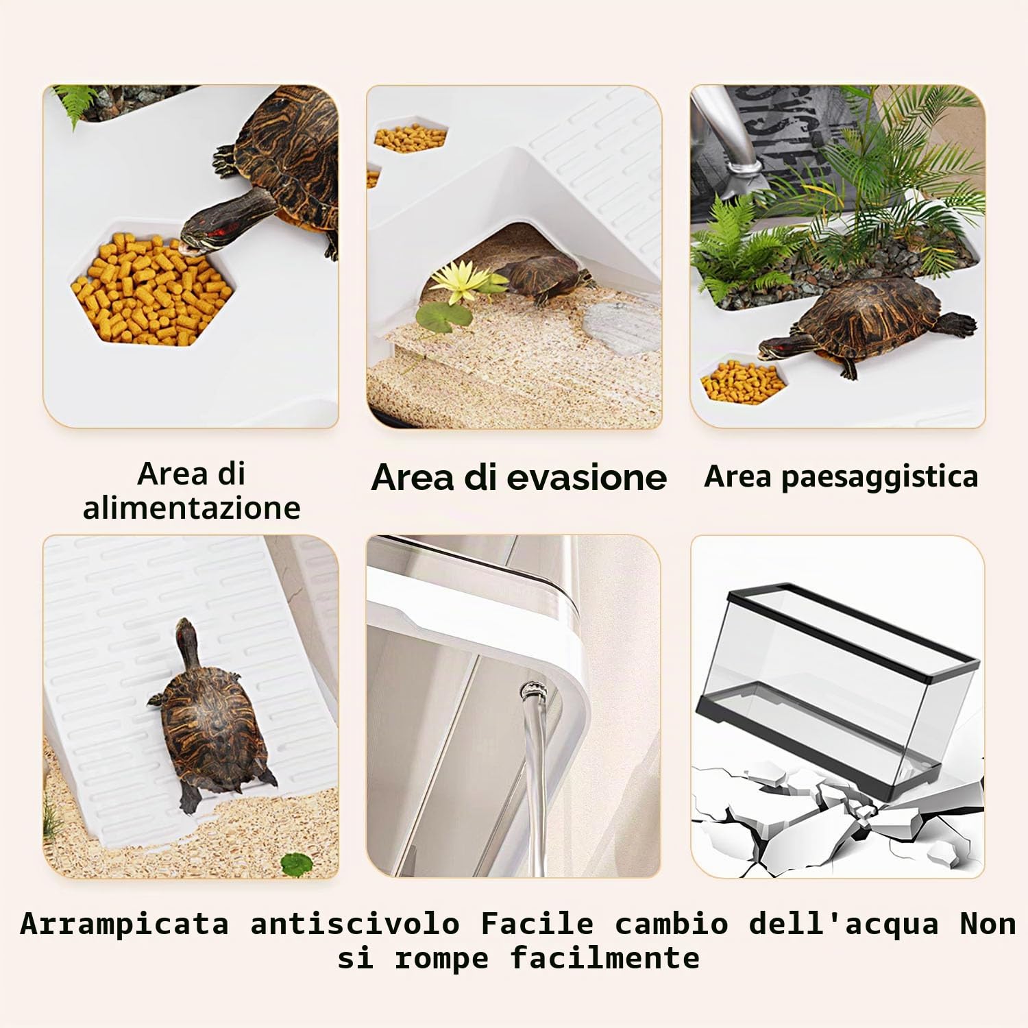 Acquario per tartarughe con drenaggio sul fondo, 20" x 9,5" x 9,5", per tartarughe giovani, gamberi di fiume, granchi, anfibi e rettili (nero)