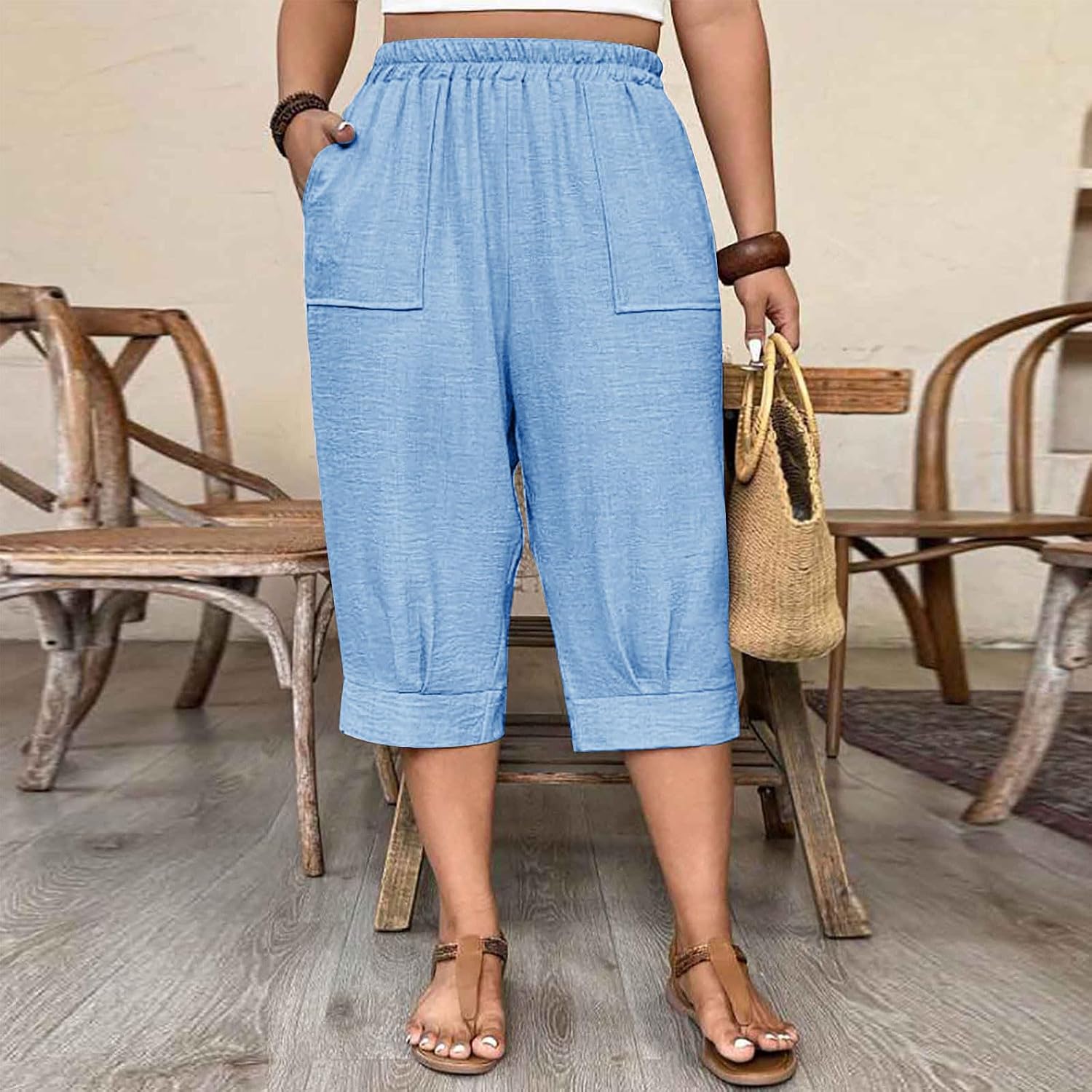 Womens Wide Leg Capri Pants Summer Palazzo High Waisted Casual Lounge Vacation Cropped Beach Trousers Work Outfits