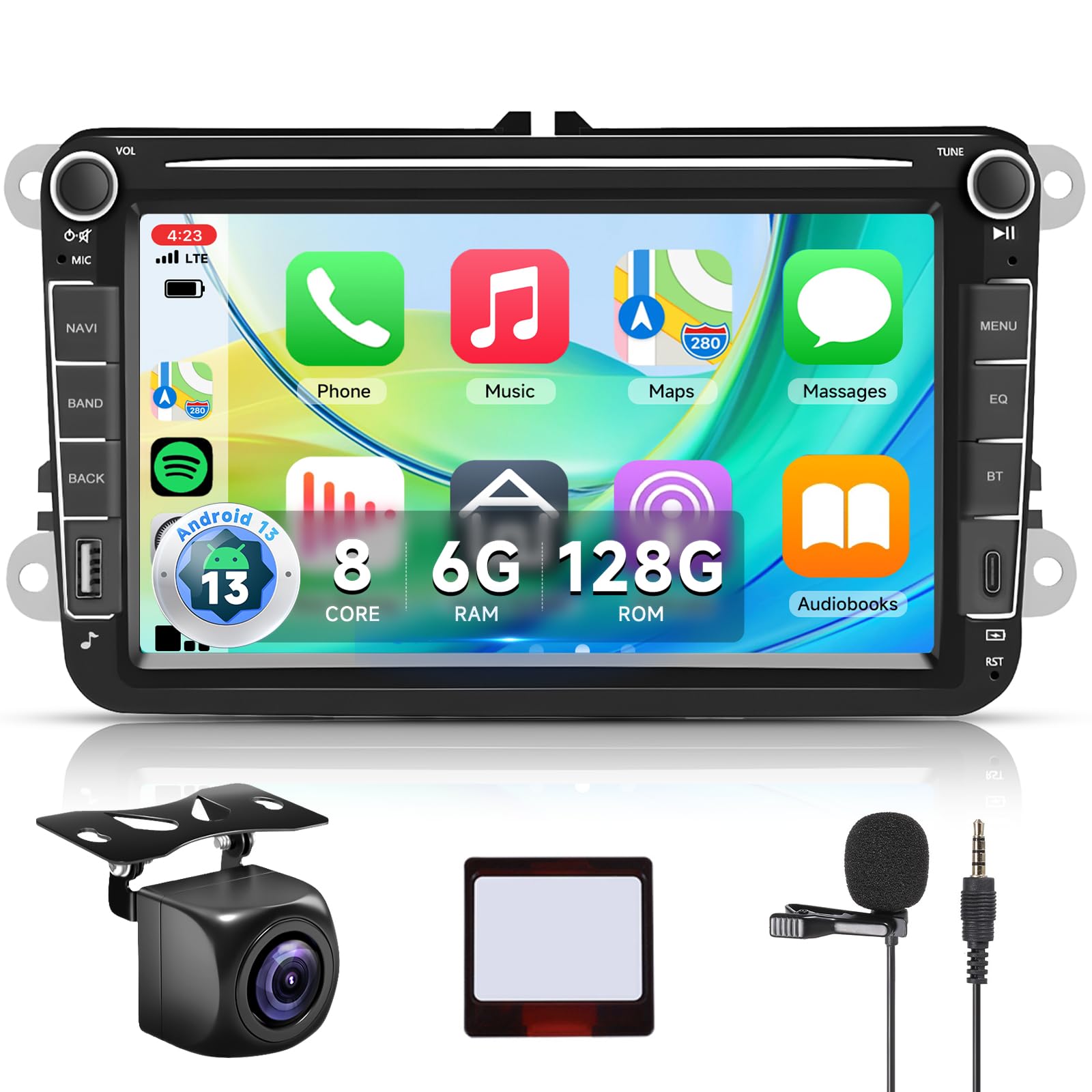 Radio samochodowe Hodozzy Carplay 8 rdzeni, 6 + 128 G, do VW Passat Golf Seat Altea Skoda Octavia z USB/USB C/Navi, 8 cali VW radio samochodowe Bluetooth z systemem Android Auto/Mirror Link/32 EQ/FM
