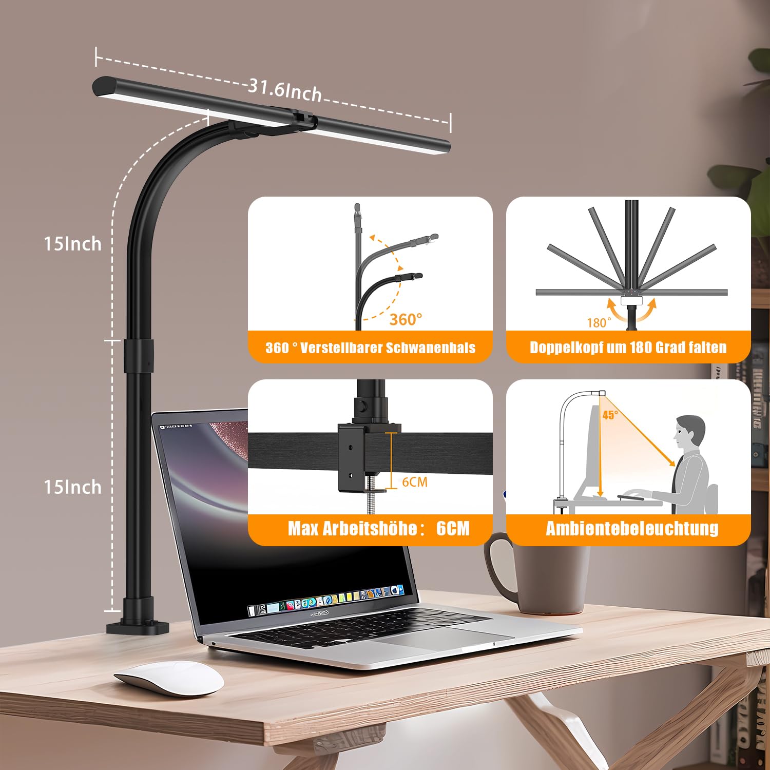 tantu Doppelkopf Schreibtischlampe LED dimmbar,24W 80CM Schreibtischlampen klemmbar,5 Farb 5 Helligkeitsstufen Tageslichtlampe Schreibtisch,Verstellbarer Schwanenhals Bürolampe Augenschutz (grau)