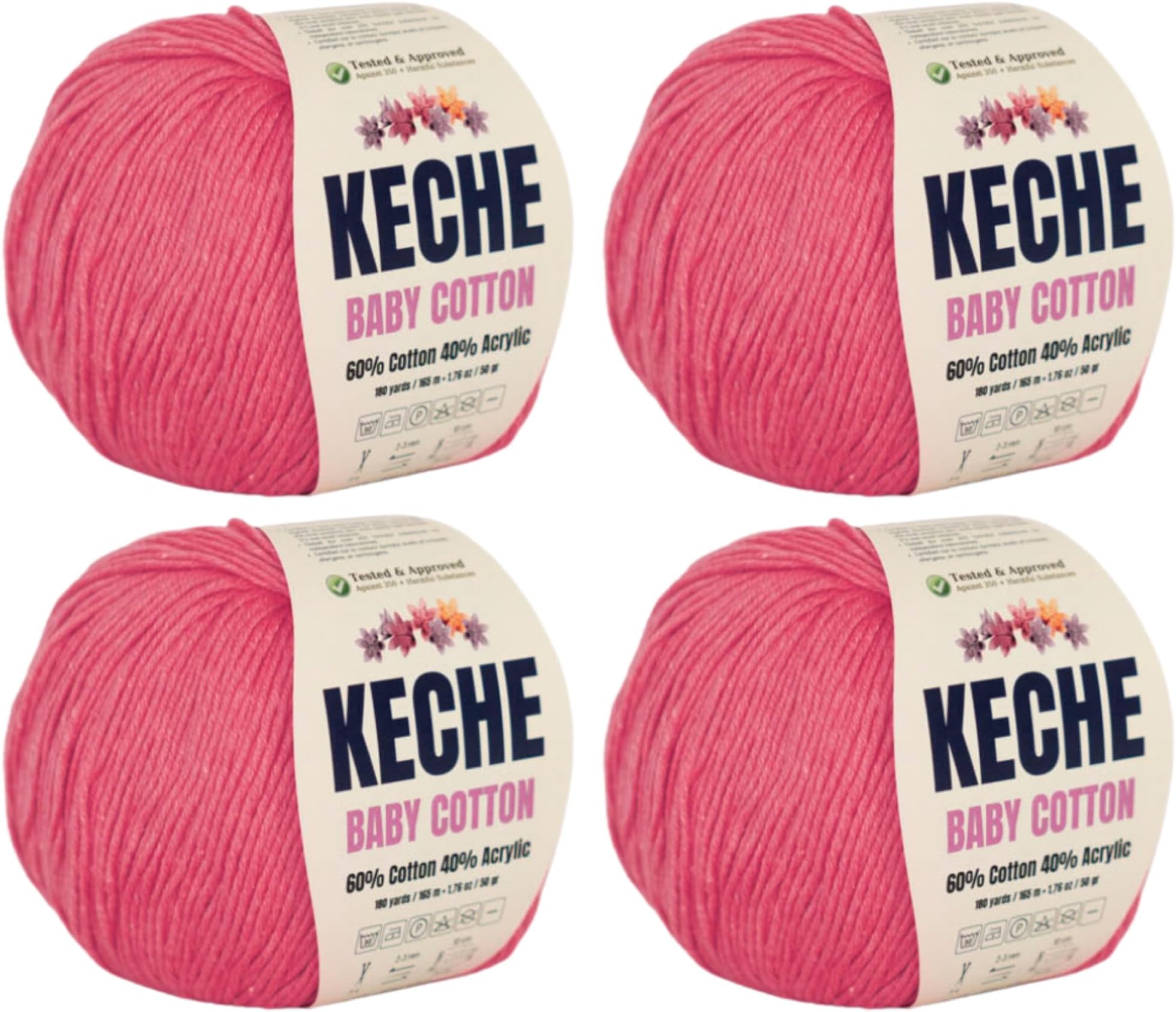Keche Cotton Yarn, 60% Cotton 40% Acrylic Yarn, Soft Cotton Yarn for Crochet and Knitting, Amigurumi Yarn 4 Skeins/Balls [1.76 Oz (50g) / 180 Yrds (165m)] x 4 - Pink