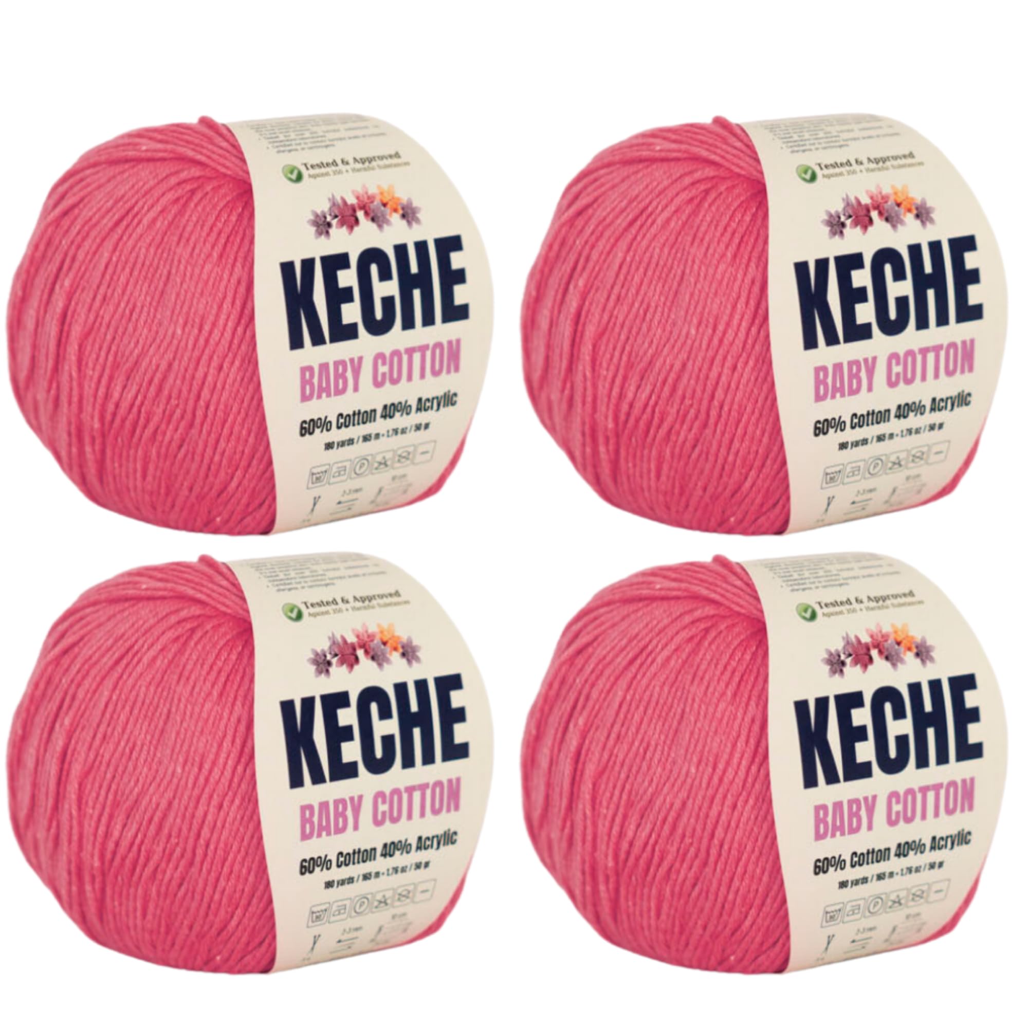 Keche Cotton Yarn, 60% Cotton 40% Acrylic Yarn, Soft Cotton Yarn for Crochet and Knitting, Amigurumi Yarn 4 Skeins/Balls [1.76 Oz (50g) / 180 Yrds (165m)] x 4 - Pink