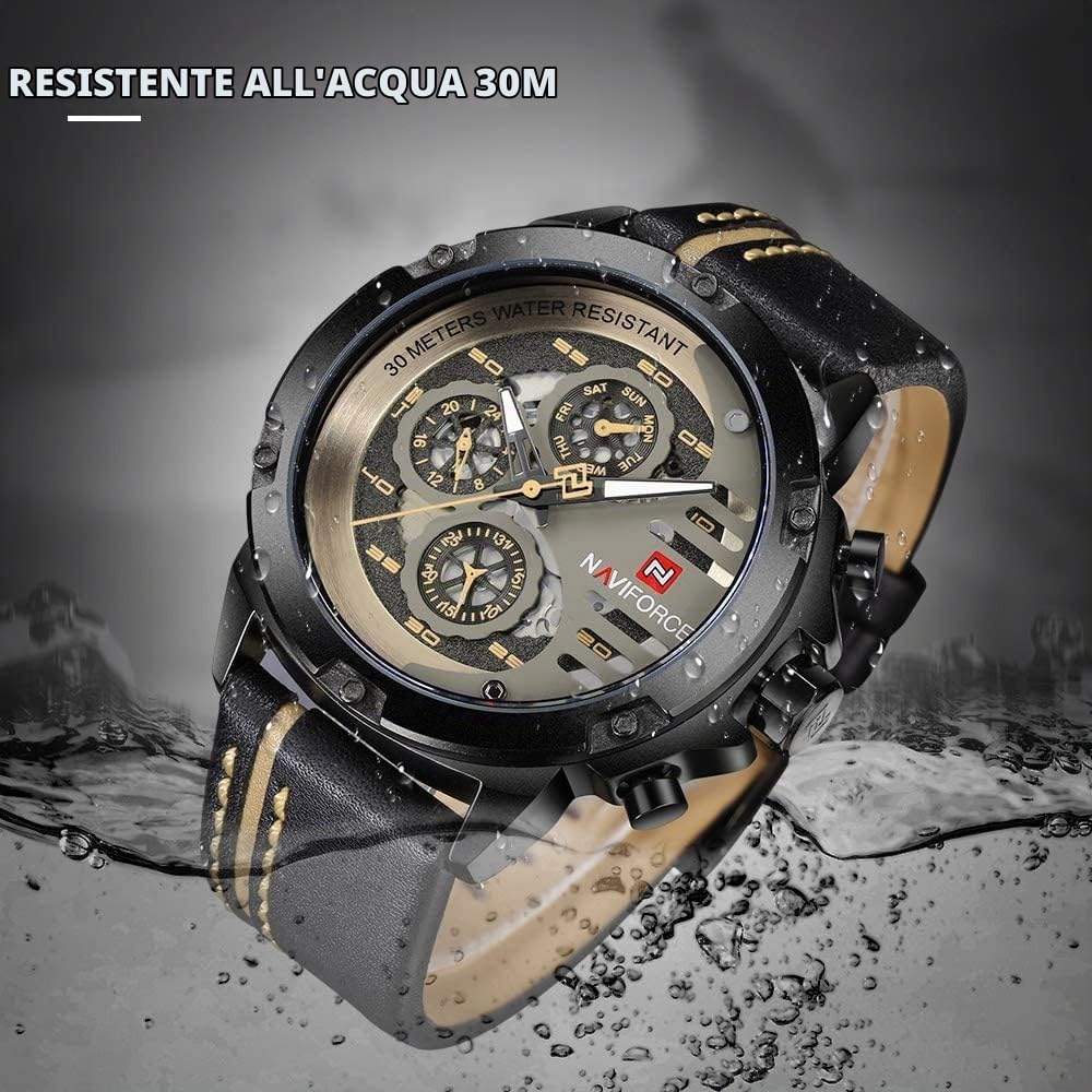 NAVIFORCE Orologio sportivo militare da uomo, impermeabile, analogico, al quarzo, cinturino in pelle, data, calendario, orologio da polso
