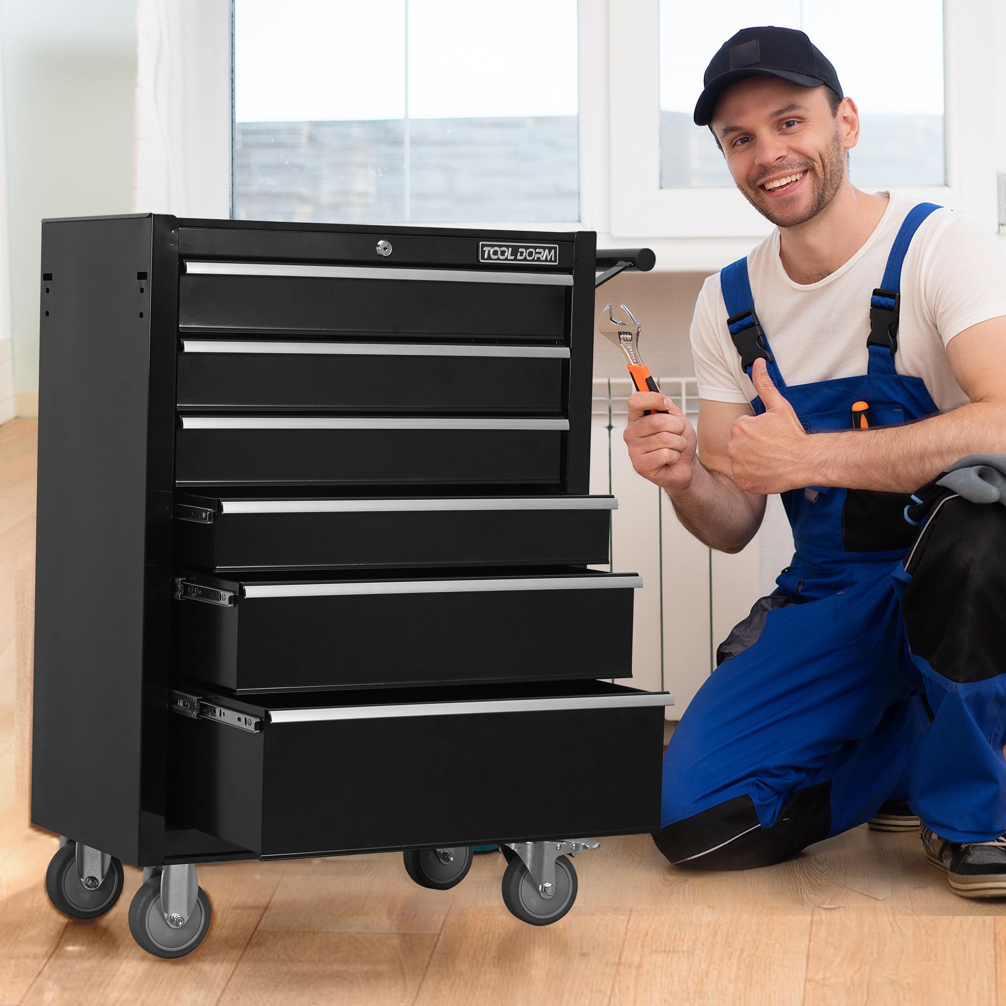 Carro De Herramientas De Metal,Con 6 Cajones Y Ruedas,Caja De Herramientas Rodante Con Cajones Con Cerradura,Organizador De Almacenamiento Para Garaje,Taller,Taller De Reparación,Negro,61.5x 33x 86cm