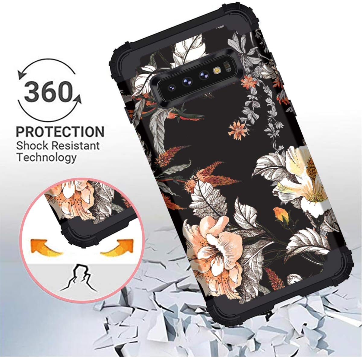 Casetego Compatible with Galaxy S10 Plus Case,Floral Three Layer Heavy Duty Hybrid Sturdy Shockproof Full Body Protective Cover Case for Samsung Galaxy S10 Plus,Orange Flower/Black