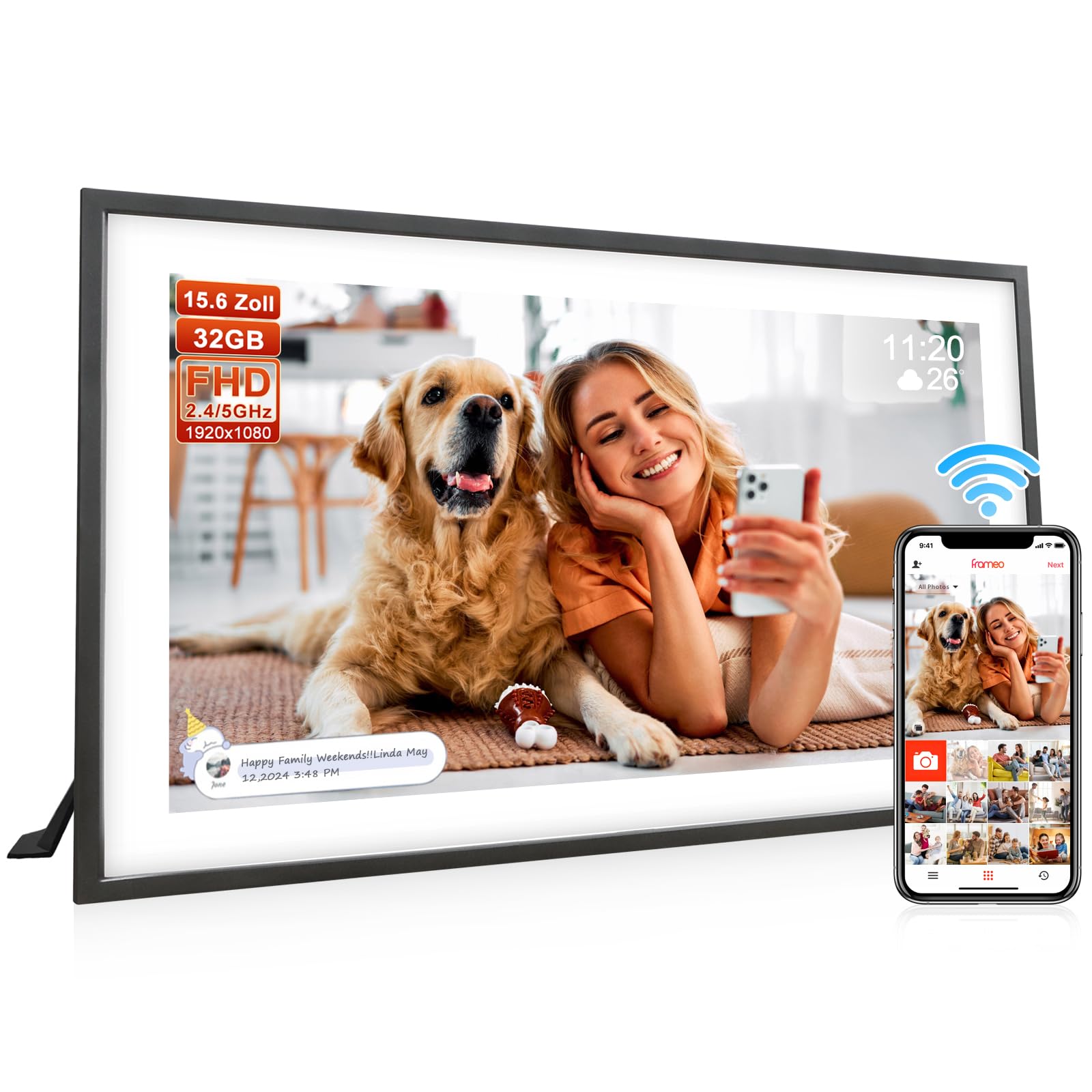 Digitaler-Bilderrahmen WLAN,10.1 Zoll Frameo Digital Photo Frame, 1280x800 IPS Touchscreen,Elektronischer Bilderrahmen mit 32GB Speicher,Automatische Rotation,Wandmontagefähig,Weiß