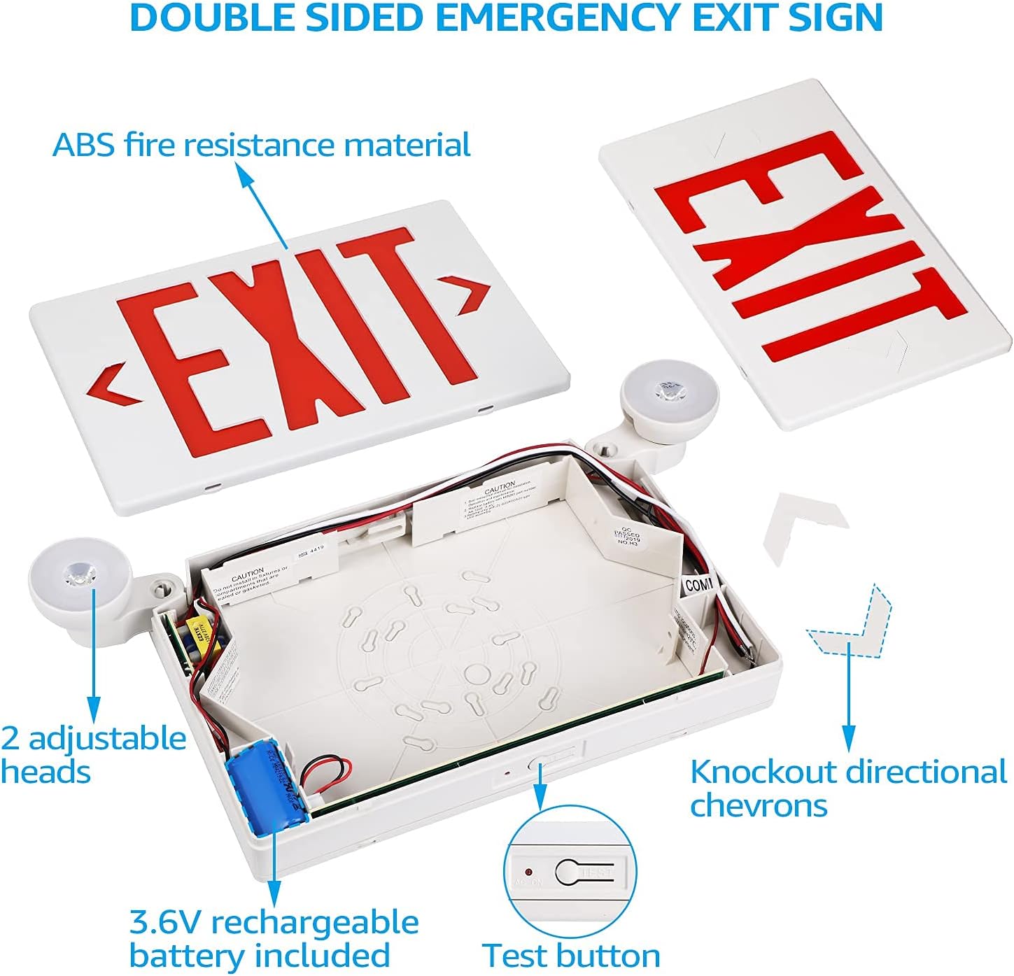 TORCHSTAR LED Exit Sign with Emergency Lights, Emergency Exit Light with Battery Backup, Two LED Adjustable Heads, Double Face, UL Listed, AC 120/277V, Red Letter Exit Sign Combo, White, Pack of 4