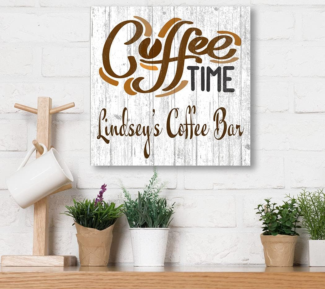 Custom Coffee Bar Sign for Kitchen or Coffee Bar PERSONALIZED Name Wood Wall Decor for Kitchen, Coffee Bar, Home, Office - Solid Wood - 10.5in x 10.5in (Coffee Time)