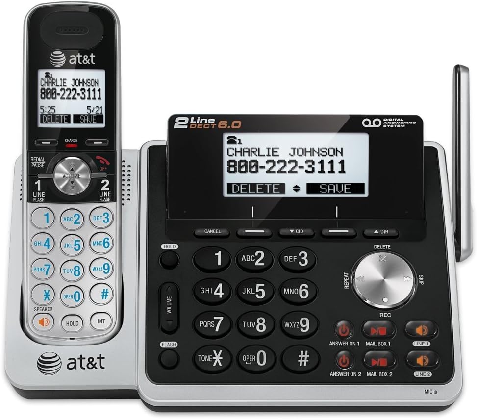AT&T TL88102 DECT 6.0 2-Line Expandable Cordless Phone with Answering System and Dual Caller ID/Call Waiting, 1 Handset, Silver/Black (Renewed)
