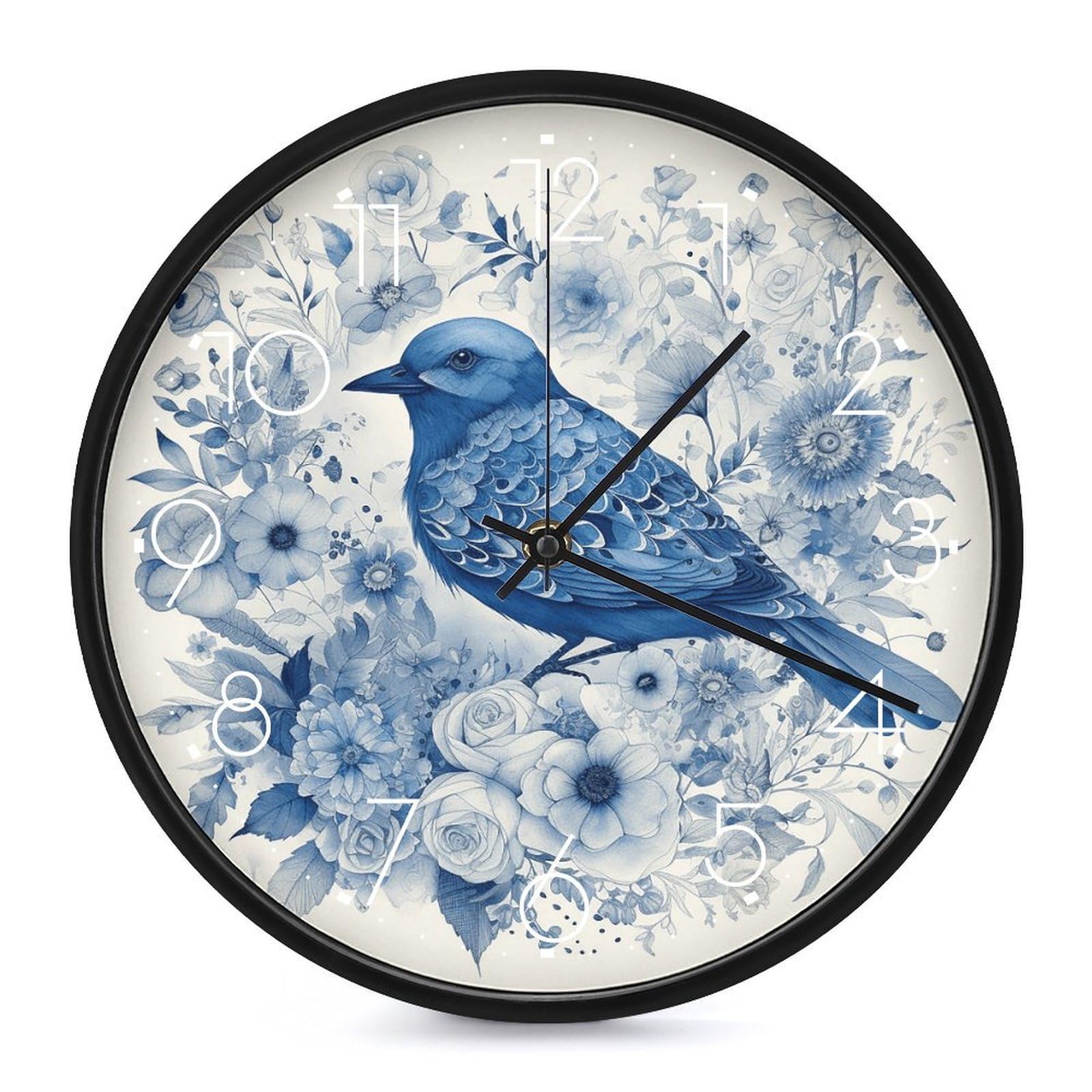 Horloge murale silencieuse Bluebird et fleurs sans tic-tac 25,4 cm