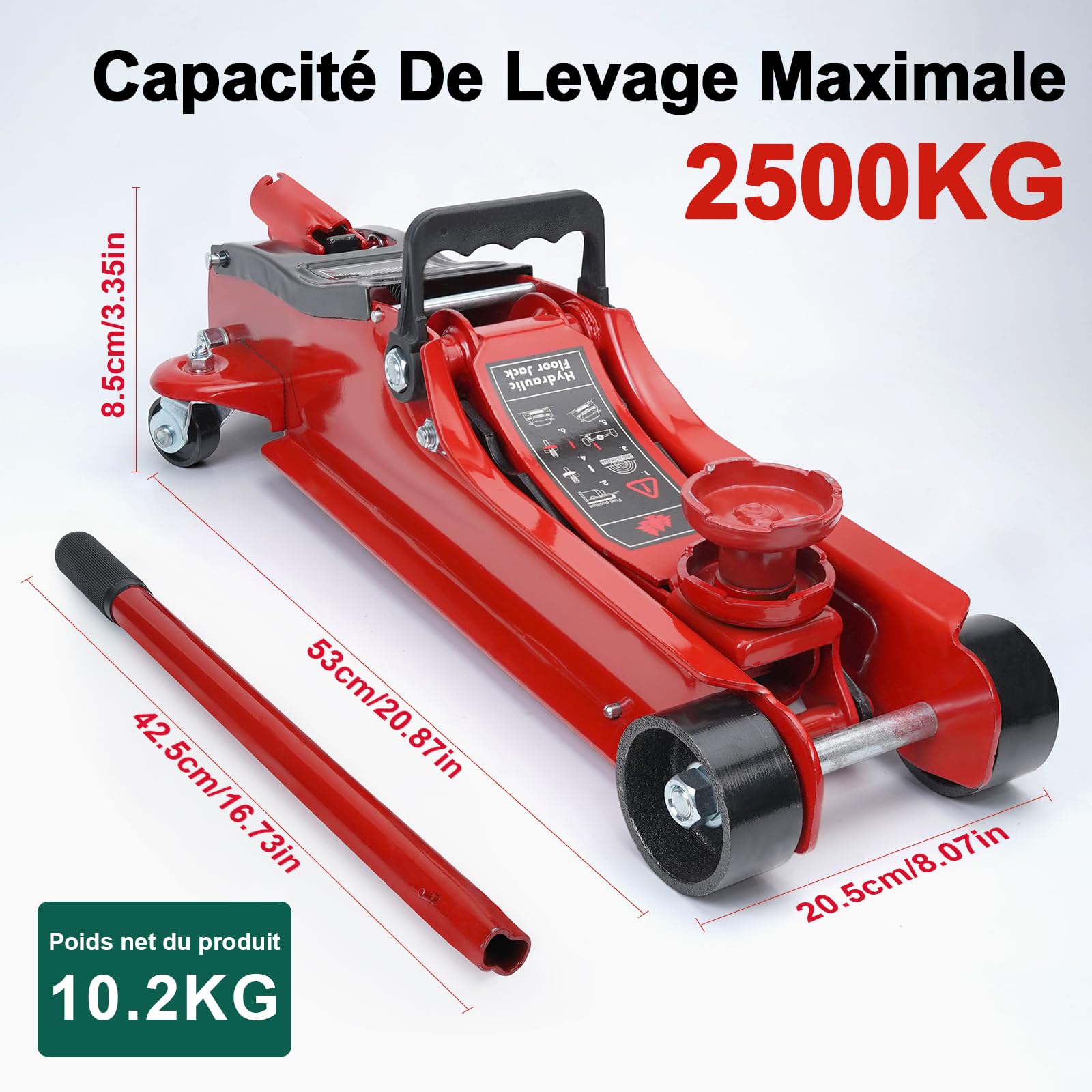 HYCHIKA Cric hydraulique, 2,5 T, avec pompe de levage rapide à piston, vérin hydraulique, plage de levage de 135 à 370 mm, pour berline, SUV, changement de pneu