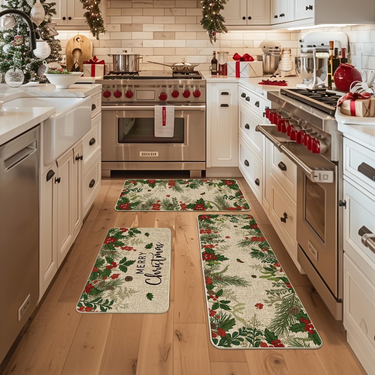 Artoid Mode Leaves Holly Merry Christmas Kitchen Mats Set of 3, Winter Home Decor Low-Profile Kitchen Rugs for Floor - 17"x29"+17"x36"+17"x47"