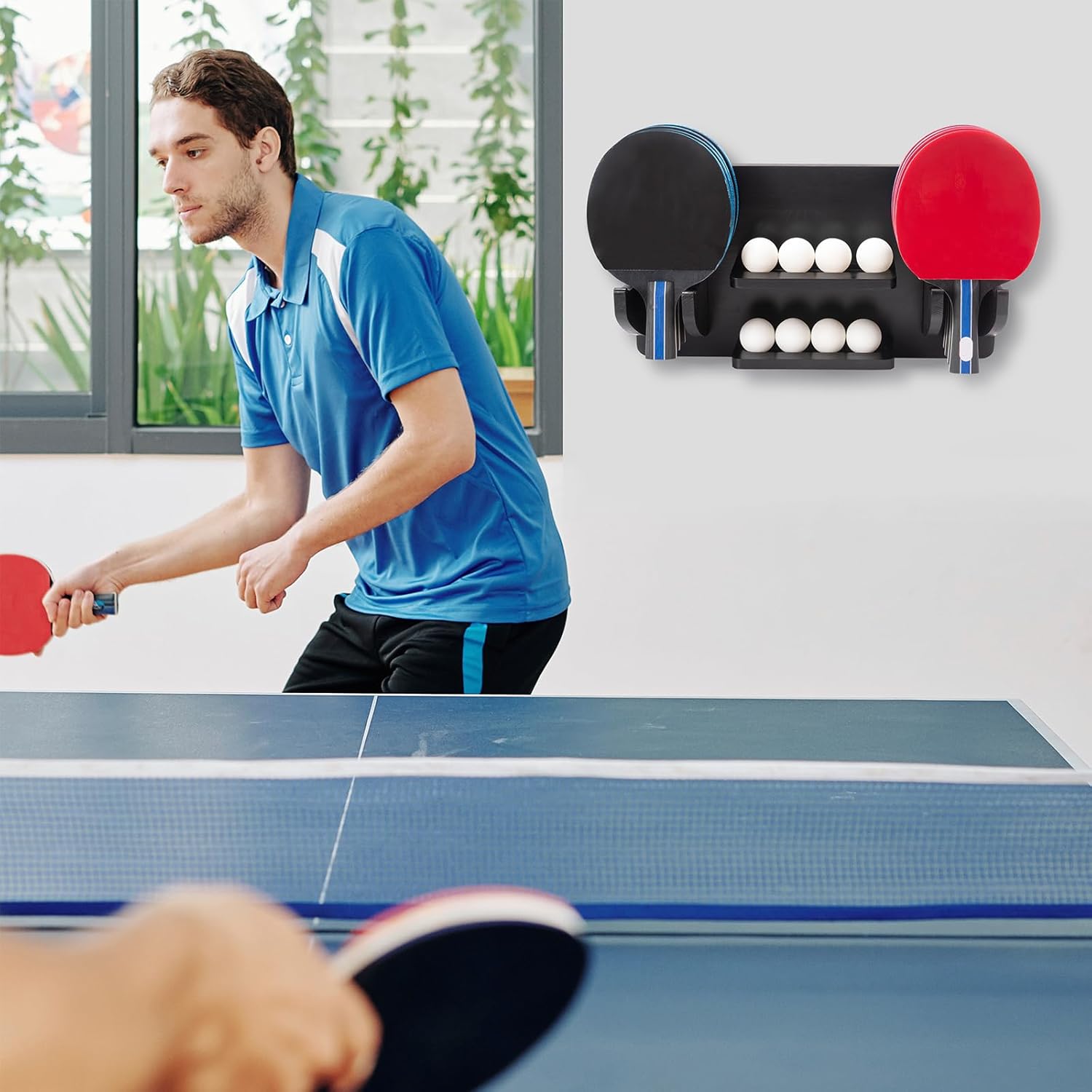 Ping Pong Paddle Storage Rack, Ping Pong Accessories Organizer Wall-Mount for 6 Paddles, 6 Pickleball Paddles and Balls, Pine Wood Table Tennis Racket Display for Game Room Bar Office Home