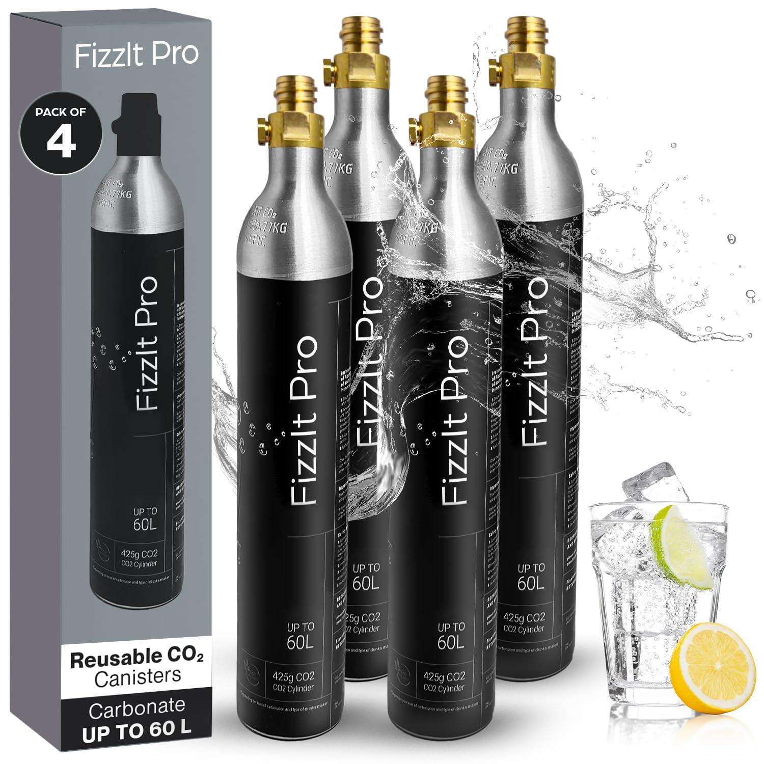 FizzIt Pro 425g CO2 Cylinders, Carbonates Up to 240L, Refillable Soda Makers, Fits Most Screw-Type Compatible Models, Efficient Carbonation for Water & Beverages, Compact & Cost-Effective (Pack of 4)