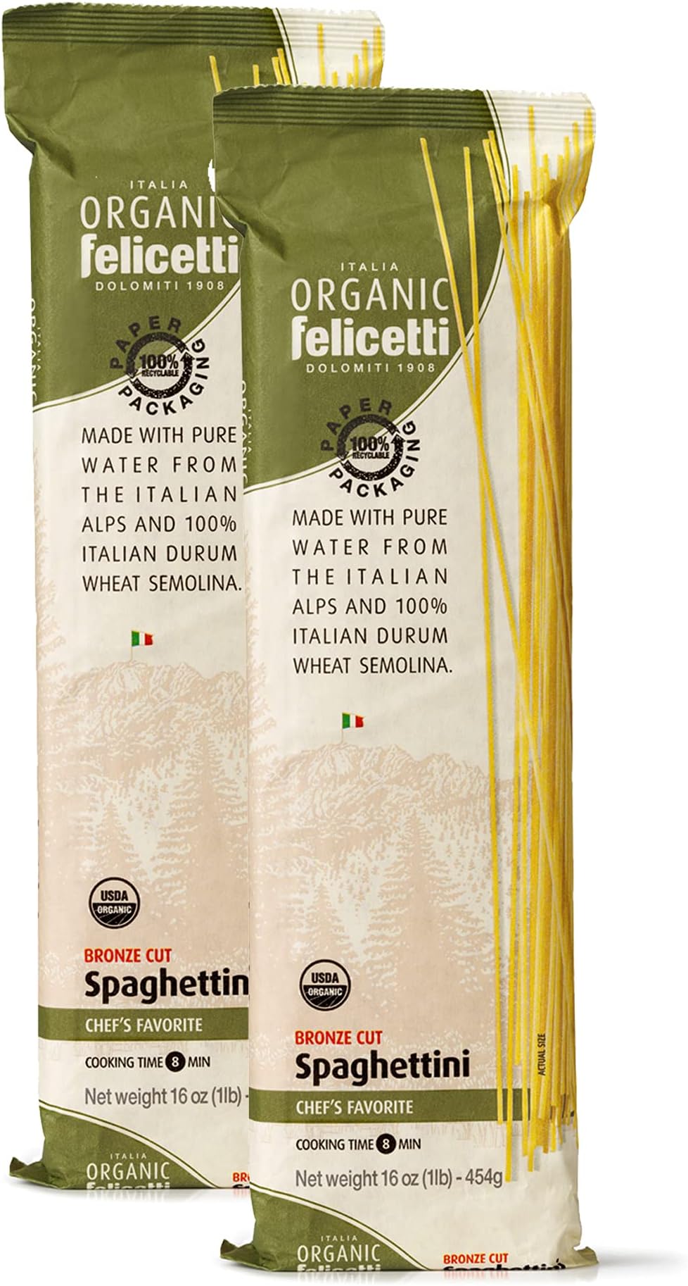 Organic Felicetti Spaghettini Pasta Italian Non-GMO 16oz (454g) 2 Pack