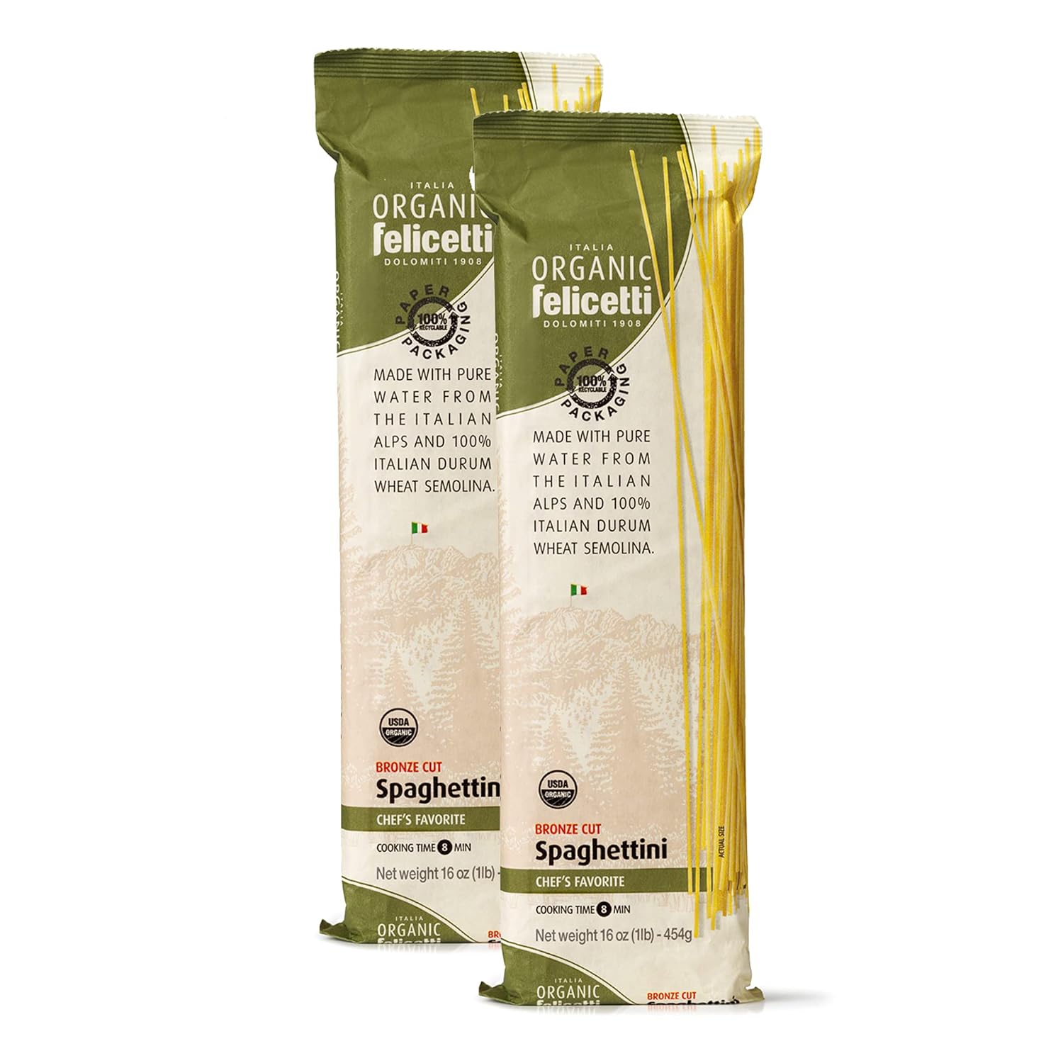 Organic Felicetti Spaghettini Pasta Italian Non-GMO 16oz (454g) 2 Pack - Amazon product rated Grade A