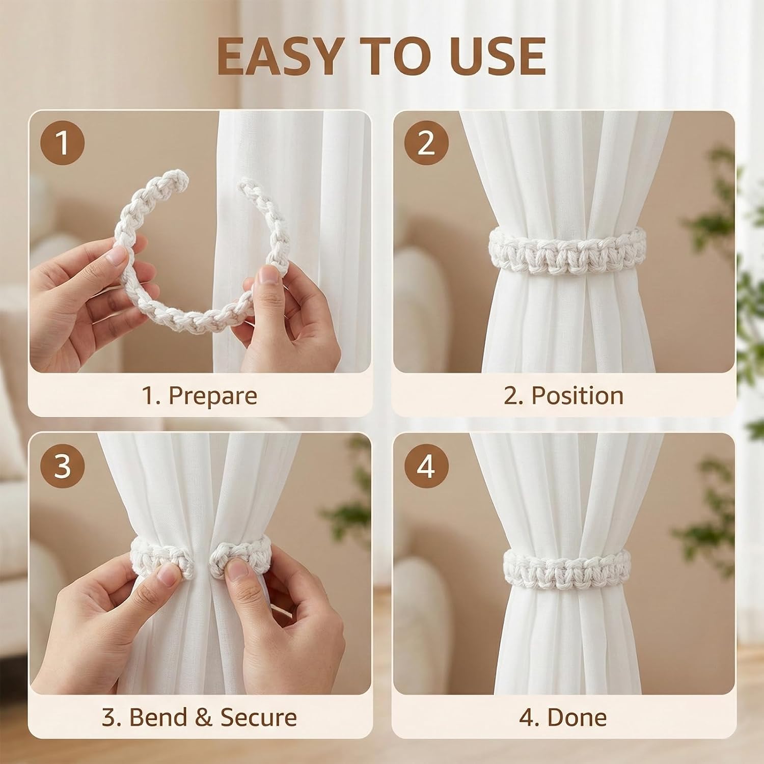 6 Pack Small Bohemian Braided Curtain Tiebacks, Rustic Farmhouse Flexible Rope Holdbacks for Lightweight Drapes, Suitable for Living Room, Bedroom, and Office (Gray/White/Jute Color)