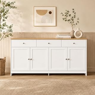 55.1 Inch Buffet Cabinet with Storage, Modern White Sideboard Cabinet, Coffee Bar & Kitchen Storage Cabinet with 4 Doors for Dining Room, Living Room & Entryway (White)