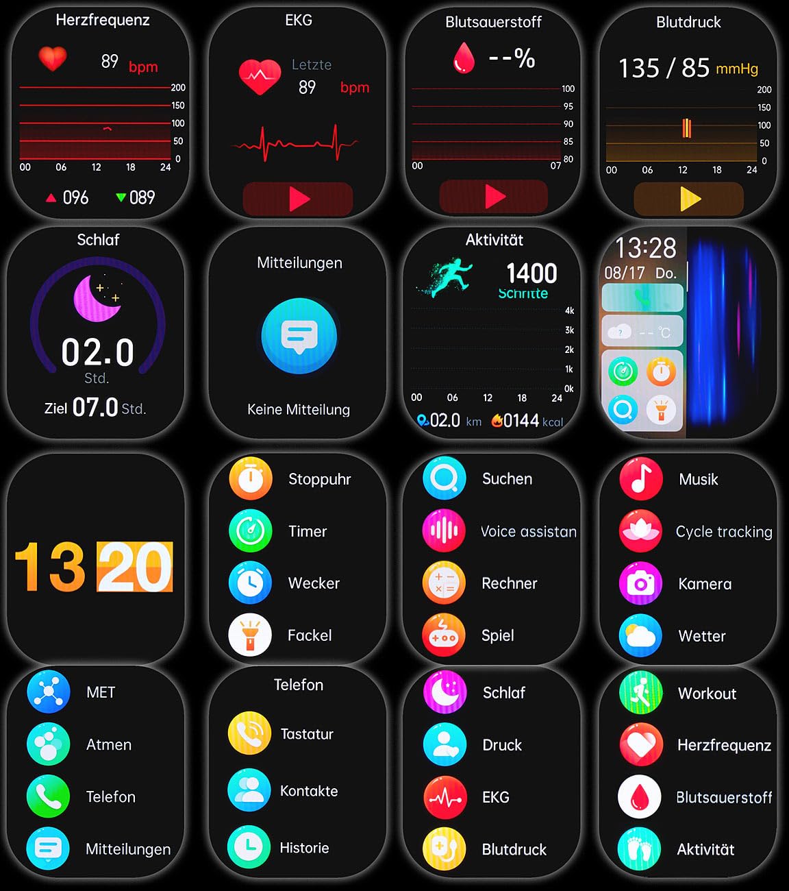 Newgen Medicals Fitnesstracker: Fitness-Smartwatch mit EKG-, Herzfrequenz- und Blutdruck-Anzeige (Uhr mit EKG, Smartwatch mit EKG-Messung, kompatibel mit Apple Watch)