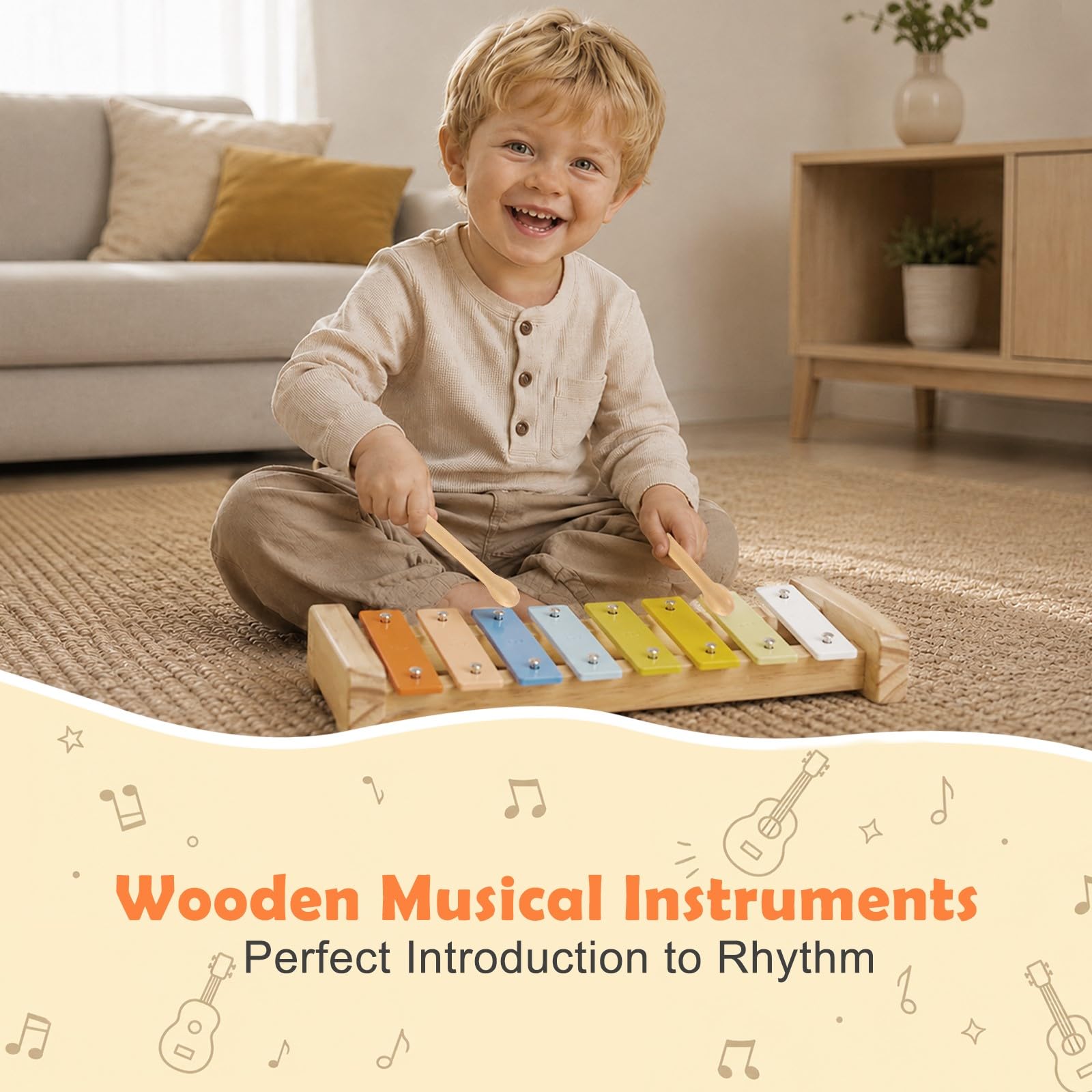 Montessori zestaw gitarowy dla dzieci, 6 w 1, drewniane instrumenty muzyczne dla małych dzieci w wieku od 2 do 3 lat, z ukulele, ksylofonem, tamburynem i marakasami, na urodziny dzieci od 2 lat