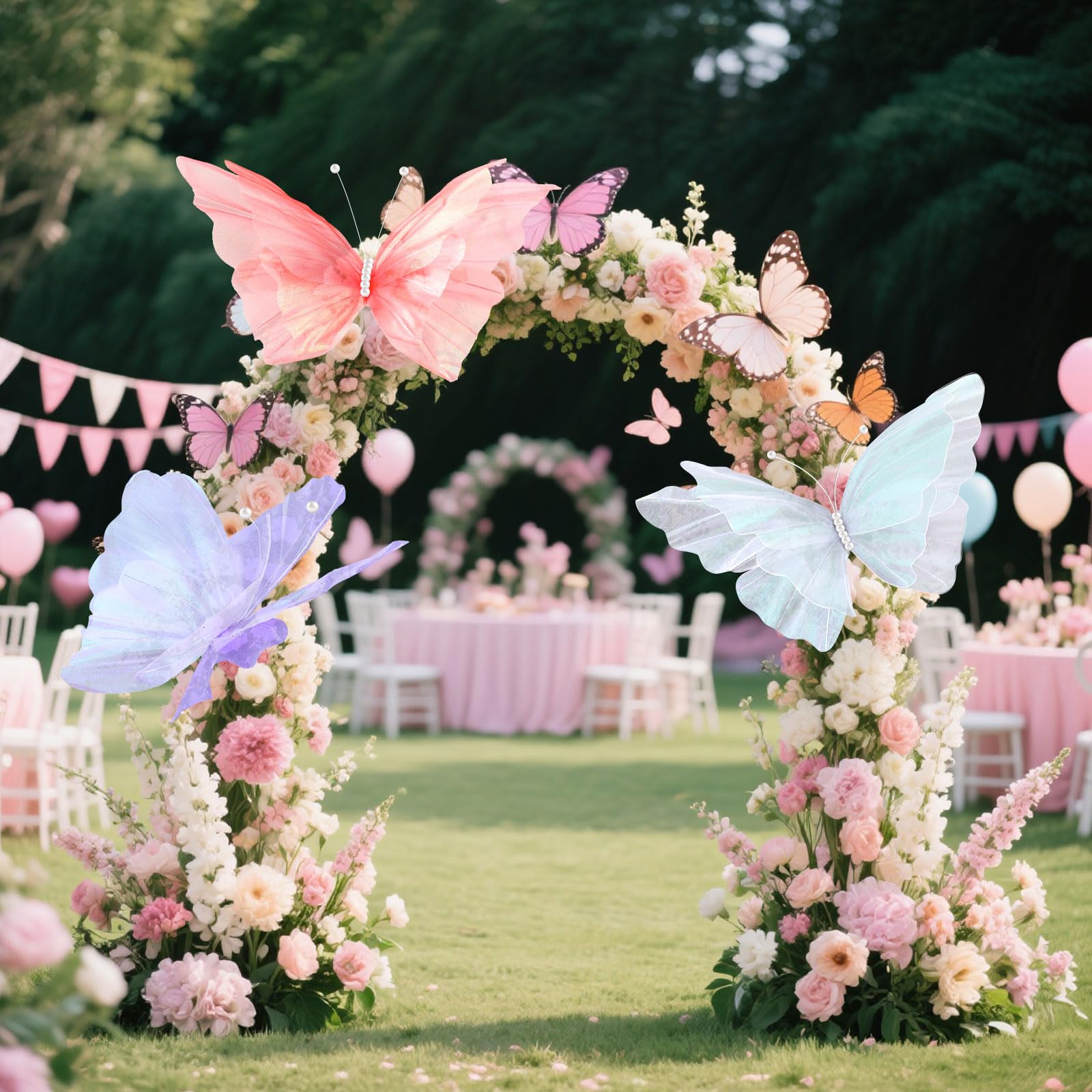 Photo 1 of Havawish 3 Pcs 19.7in Giant Butterfly Decoration for Wedding Party Reception, Artificial Gauze Large Butterfly Prop for Banquet Ceremony Church, White Pink and Purple