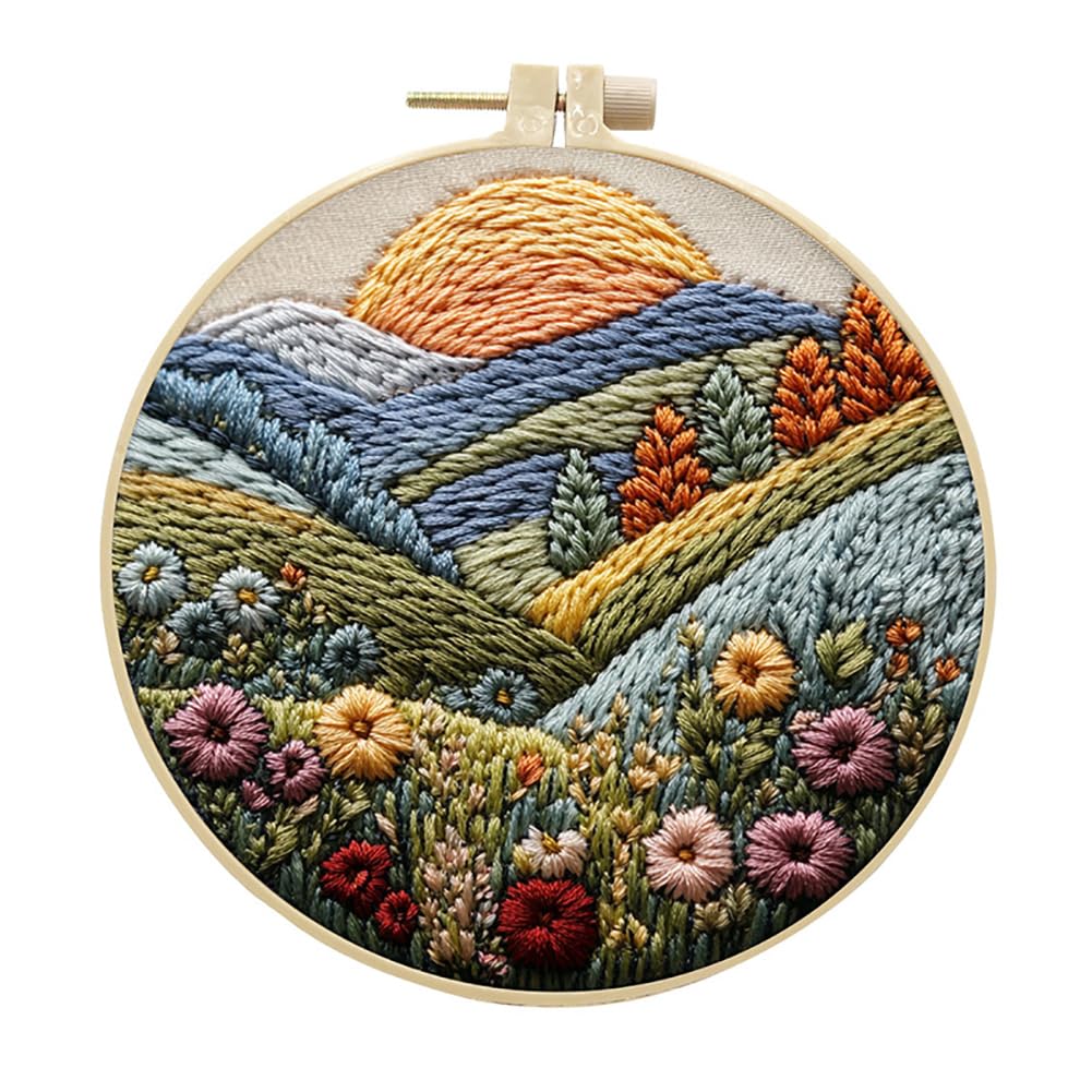 Embroidery Starter Kit for Adult Beginner with Landscape Tree Mountain River Floral Nature Scenery Pattern Cross Stitch Hand Embroidery Set DIY Cross Stitch Kits with Hoops Needles Threads