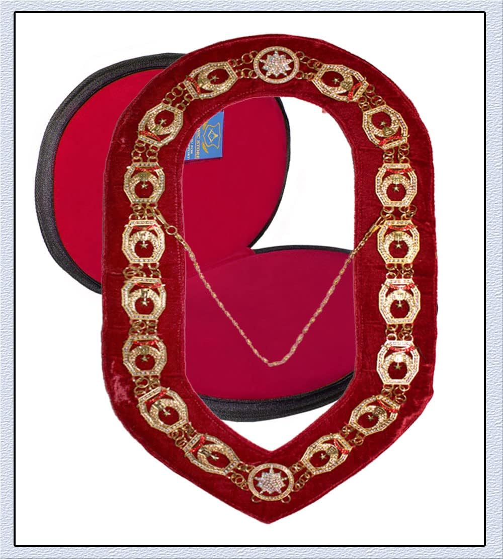 Masonic Rhinestone Shriner Chain Collar - 24 K Gold plated + Free Case (as a Gift)