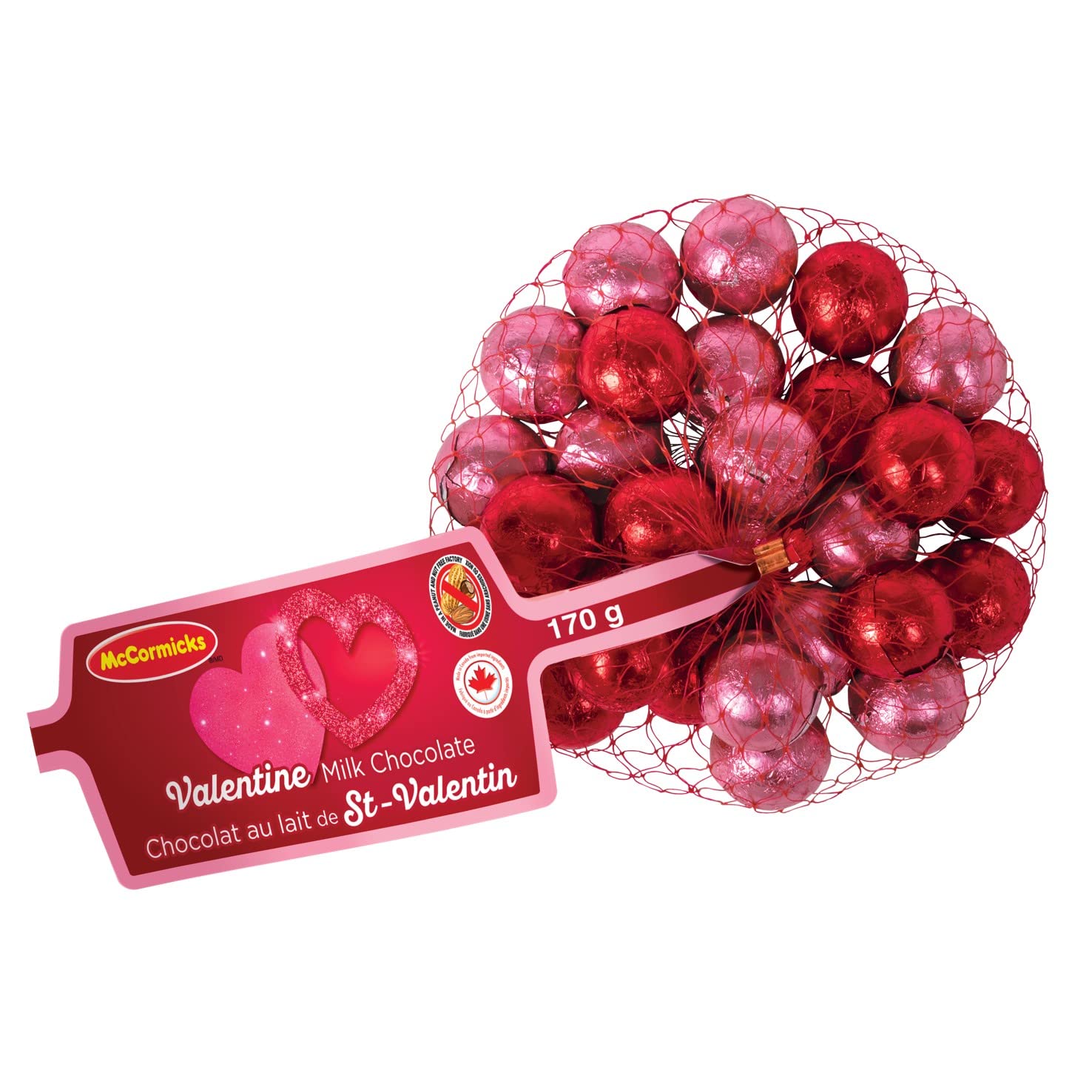 Chocolat Jean Talon, Valentine's Day Milk Chocolate Balls, Individually Wrapped, Small bag (170g), Pink/Red
