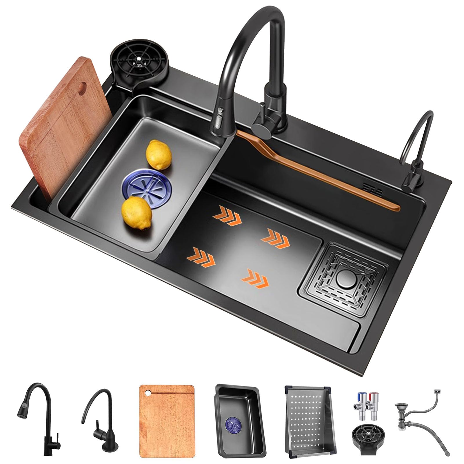 YADZISW Stainless Steel Black Kitchen Sink - Single Bowl Workstation with Sliding Steps Drop-in/Topmount Farmhouse & Accessories (80x45x22CM)