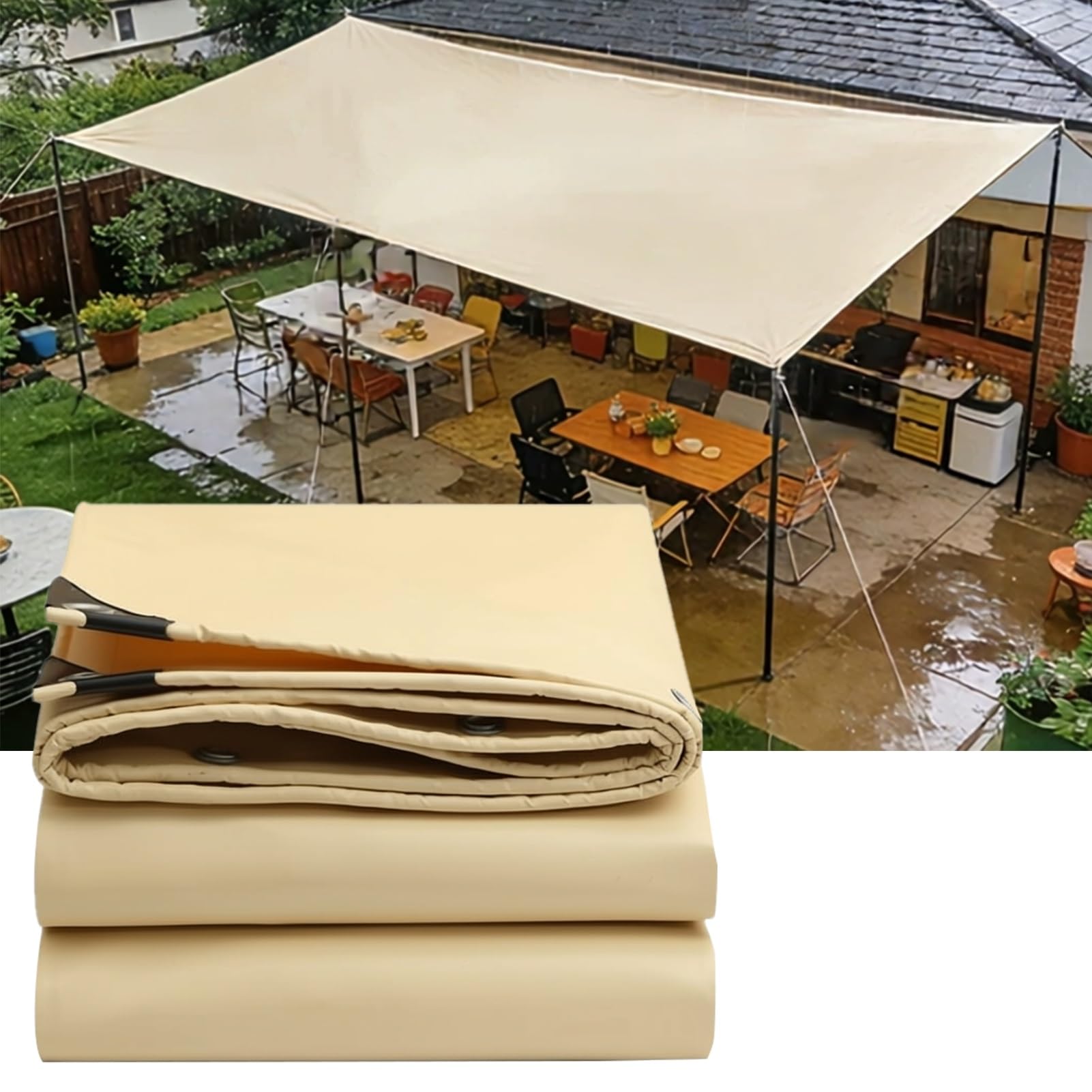 Custom Size Beige Tarpaulin 1.2x2.4m, 1.5x1.5m, 1.5x2m, 1.8x1.8m Waterproof Tarp with Eyelets UV Resistant Multi-purpose for Outdoor 500g/m² Patio Canopy Shade Cloth(3x3m(9.8ftx9.8ft))