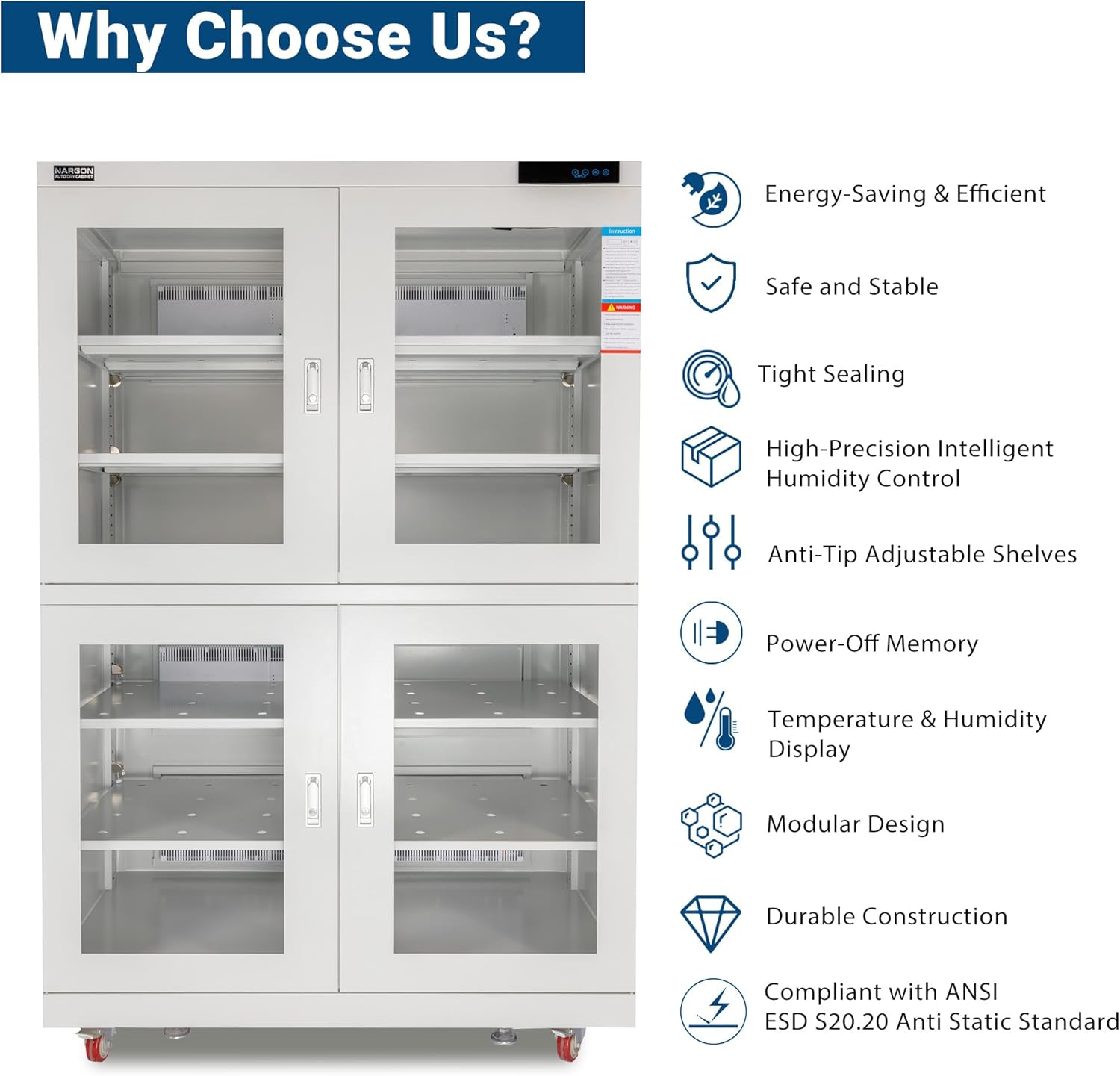 NARGON 2-40% RH 1430L Electronic Dry Cabinet, ESD Desiccator Cabinet for Storage of Optical Lenses, РСВ Assemblies, Wafer, Electronic Components, semiconductors, Laboratory Chemicals, Model NMC1434B