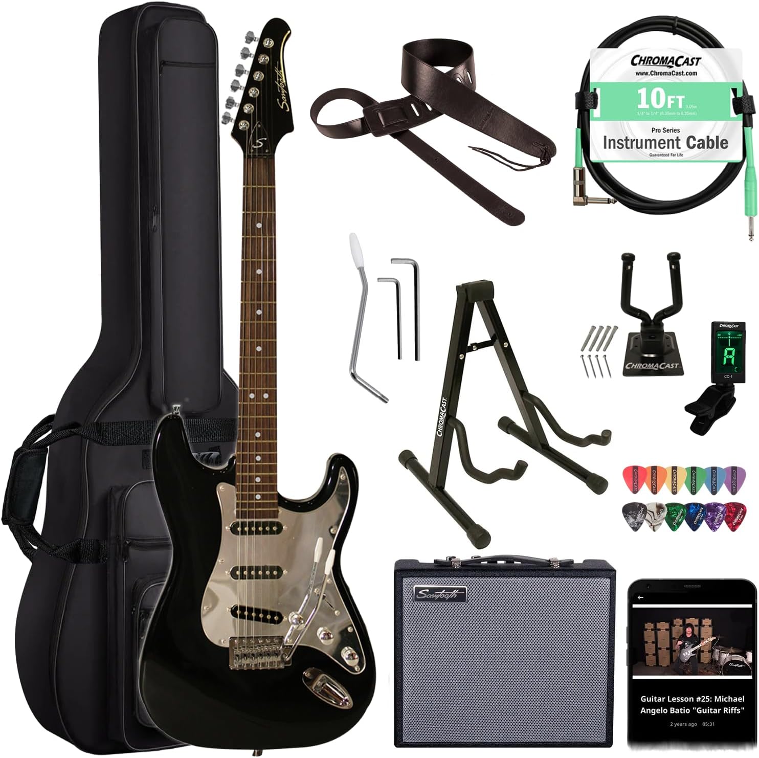 Sawtooth Black ES Series Electric Guitar w/Chrome Pickguard - Includes: Accessories, Amp & Gig Bag