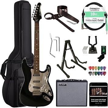 Sawtooth Black ES Series Electric Guitar w/Chrome Pickguard - Includes Accessories, Amp & Gig Bag