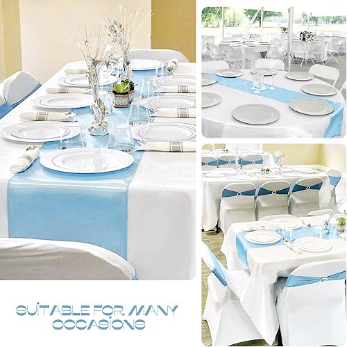 Miniatura 7 de Paquete de 15 caminos de mesa de satén azul claro de 12 x 108 pulgadas de largo, para mesas redondas rectangulares, camino de mesa de satén suave