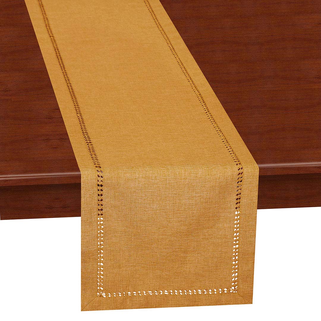 Grelucgo Handcrafted Solid Color Dining Table Runner, Dresser Scarf, Double-Hemstitched (Mustard Gold, 14 x 72) - Image 4