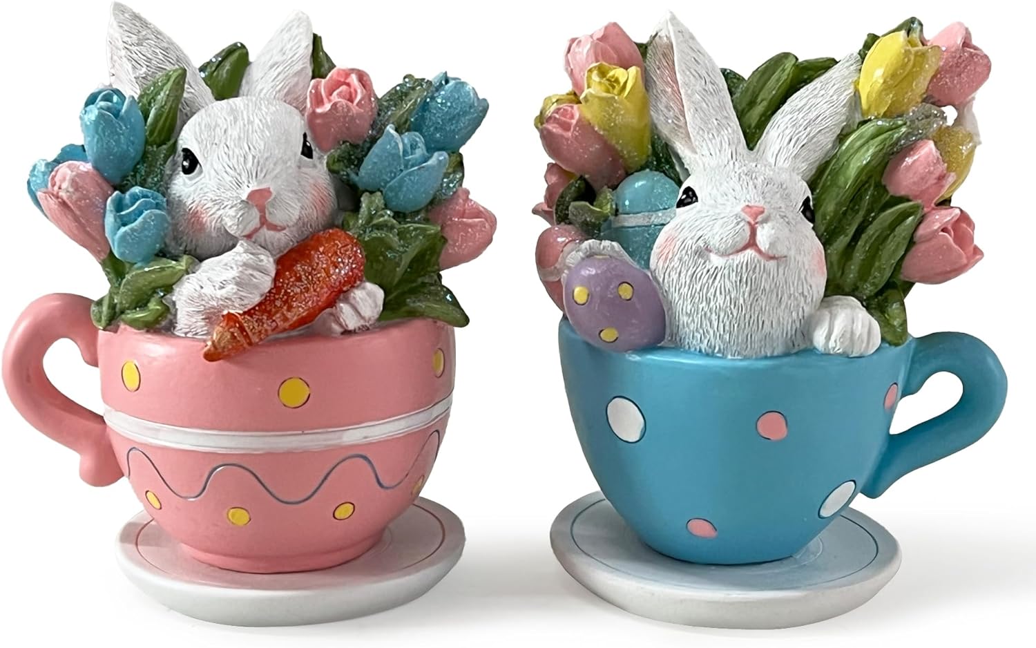 Hodao Easter Bunny Decorations Spring Easter Egg/Cup Bunny Indoor Home Decor Farmhouse Country Style Flowers Bunny Figurines (2pcs Teacup Rabbit Color 1)