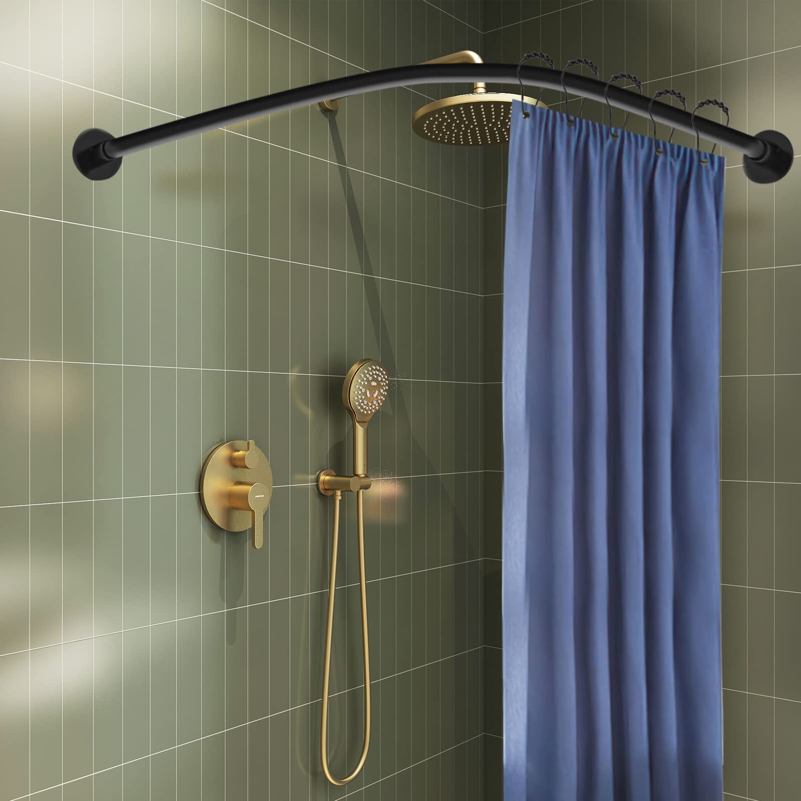 Tringle à rideau de douche en forme de L en acier inoxydable noir extensible pour rideau de douche d'angle pour salle de bain et baignoire, sans perçage