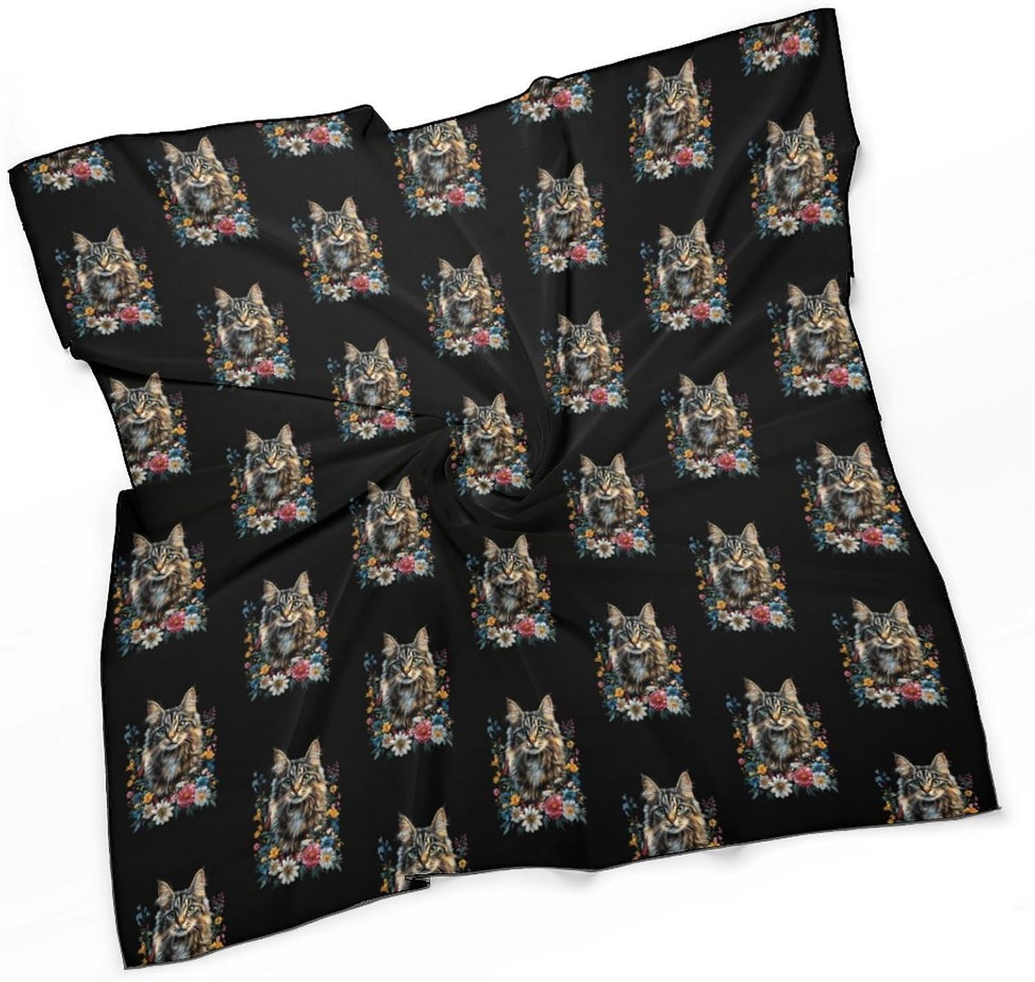 Cat Flower Floral Cute Kitten Silk-Like Square Scarf for Women Vintage Printed Neck Scarf Bandanas Hair Scarves