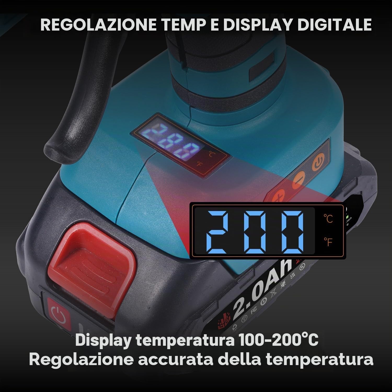 ONEVAN Pistola per colla calda senza fili in silicone, pistola per colla a batteria 100-200°C, riscaldamento rapido in 60s, display digitale, pistola per colla calda con 2 x 2Ah batterie e 10 x colla