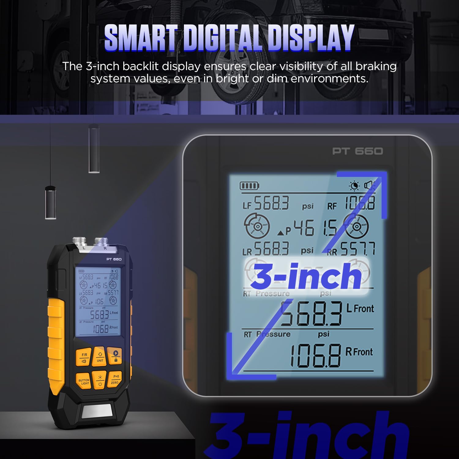 Brake System Pressure Tester with 11 Adapters, 3 Units Switch, Magnetic Back, Smart Alarm Notification, Dual-Port Digital Brake Pressure Tester, 10-21000Kpa, PT660