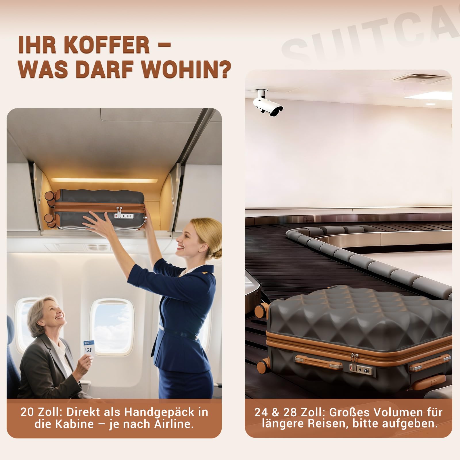 British Traveller 2-Teiliges Kofferset für Paarreise, Hartschalen-Koffer Set Leicht & Robust, 34L+57L, Zweiteiliges Gepäckset mit 360° Spinner Räder, TSA Zahlenschloss, Grau