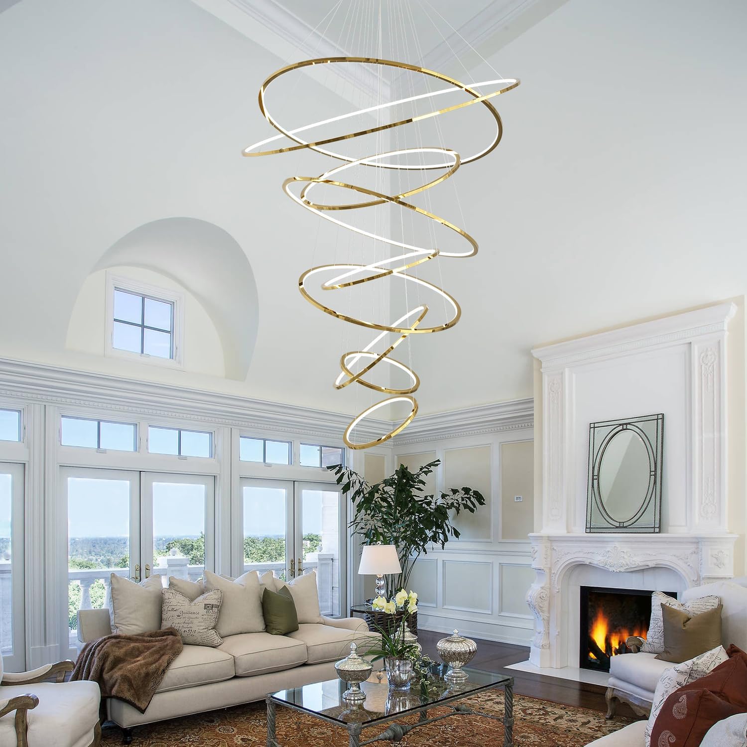 9-Ring LED Pendant Light with Golden Remote Control Adjustable, Ceiling Circular Pendant Light Suitable for Large Villa Living Rooms, Duplex Buildings, Stairs, Entrance Halls, D55 inches