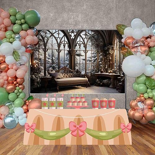 Miniatura 7 de MOONDECO Telón de fondo de fotografía de 9 x 6 pies, decoración de nieve, invierno, sala de estar, ventana, fiesta, fondo, velas, Navidad,