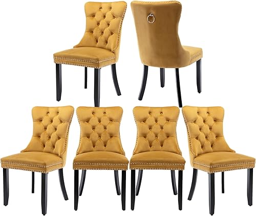 Miniatura 71 de Juego de 6 sillas de comedor marrones, sillas de comedor tapizadas con tela de lino acolchada con capitoné, con respaldo alto, ribete de tachuelas y