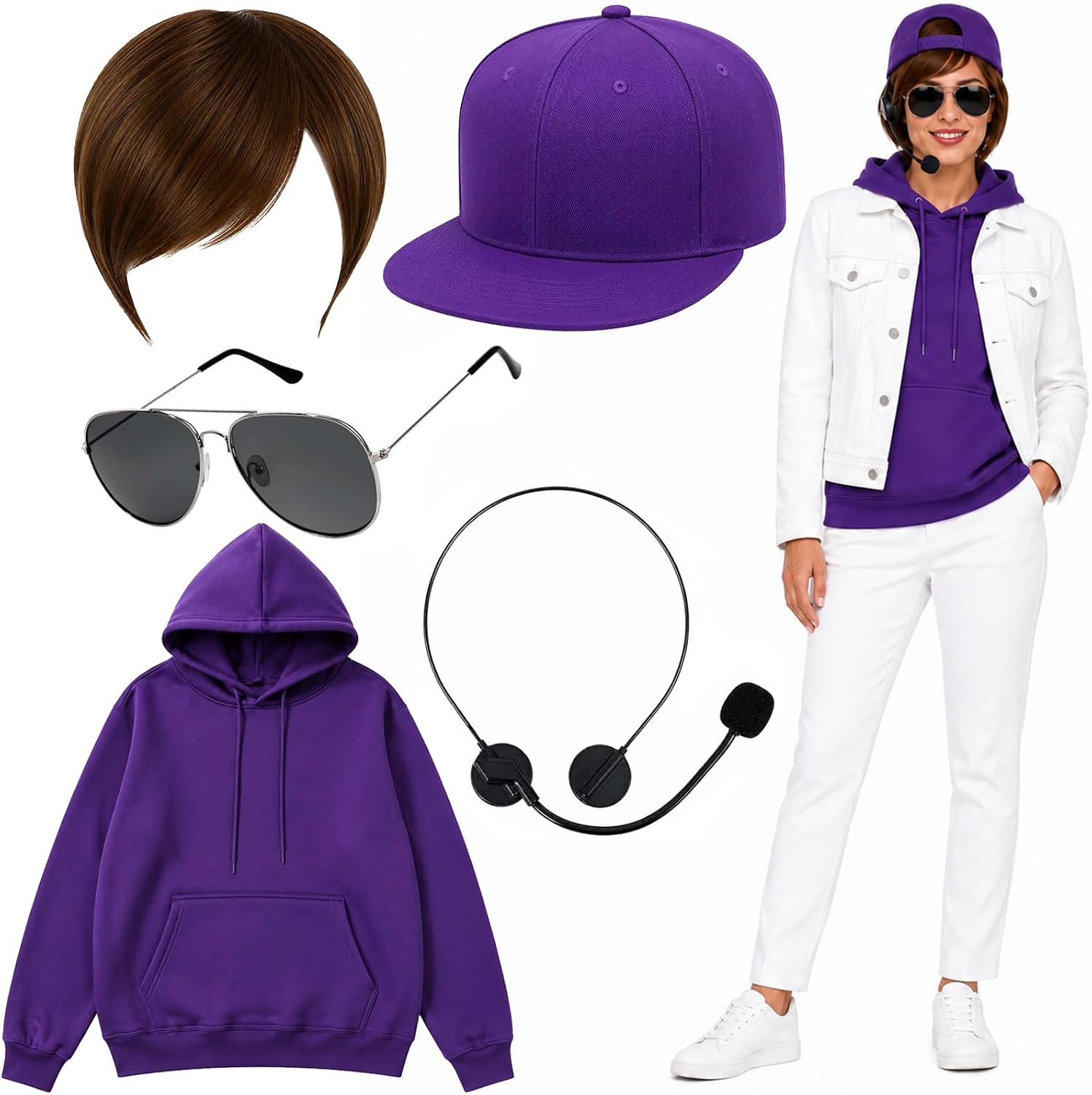 Halloween Pop Singer Costume Include Hoodie Wig Cap Glasses Microphone for Women Men Party Cosplay
