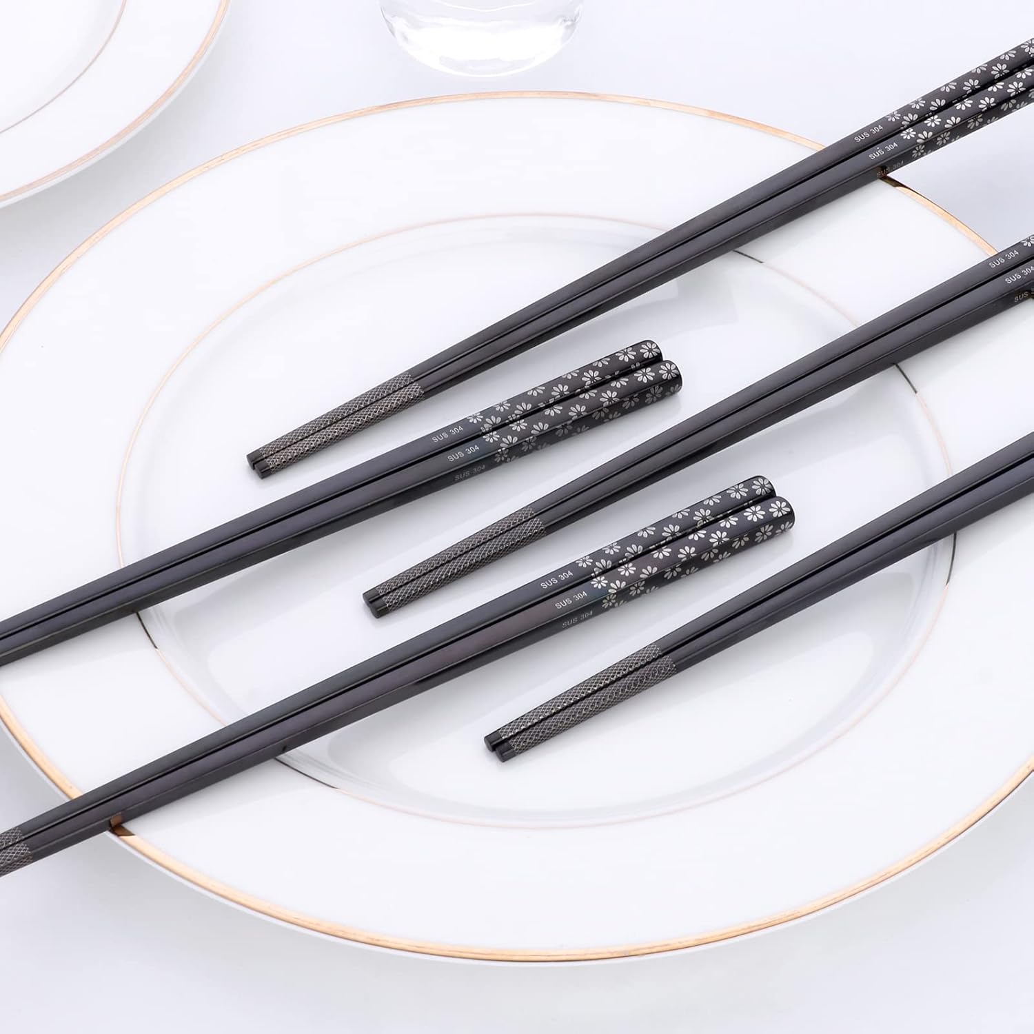5-Pairs Metal Reusable Sakura Pattern Japan and Korea laser Square Chopsticks Non Slip for Adults Sushi Ramen, 18 10 Stainless Steel Chopsticks Set Dishwasher Safe, Black