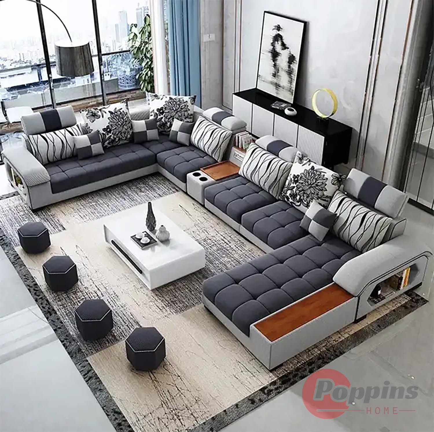 Poppins HOME Sofa set furniture new L shape modern simple furniture set design large sofa sectional combination sofa (Grey)