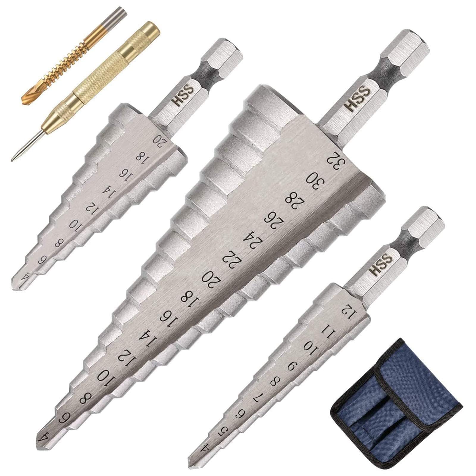 Broca Escalonada,3PCS Broca Cónica HSS Titanio,4-32/4-20/4-12mm,Con Punzón Automático Centrador y Brocas Helicoidal,para Taladrar con Destornillador en Acero,Madera Latón,PVC,Aluminio(Plata)
